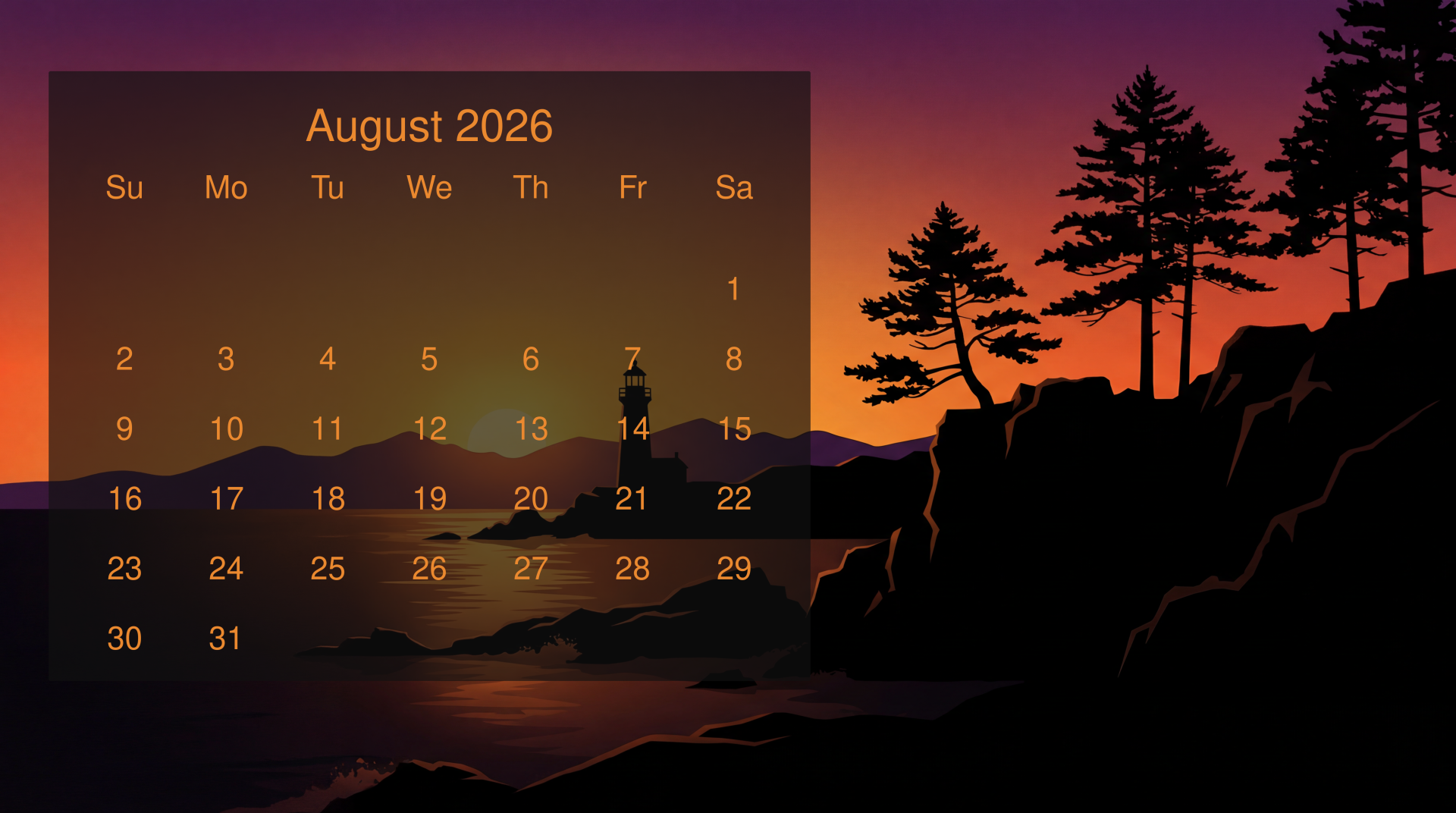 1920x1072 August 2026 5K Ultra HD Calendar Sunset. August 2026 5K Wallpaper: Sunset Coast Calendar