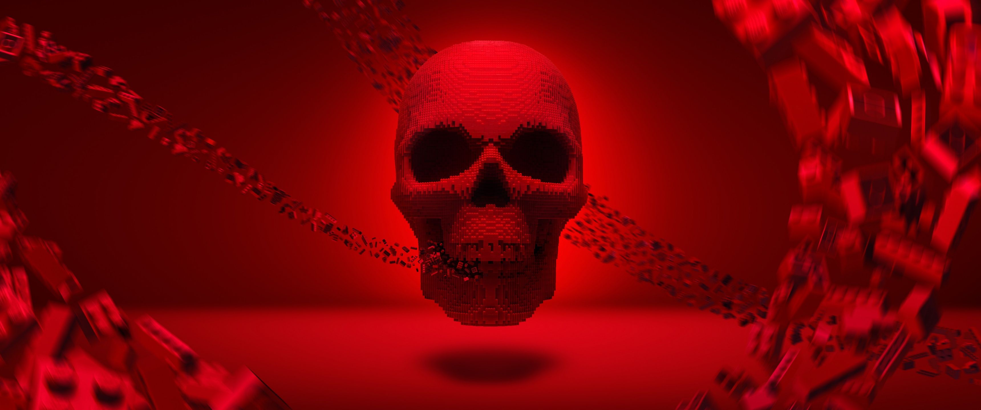 3440x1440 LEGO Wallpaper 4K, Skull, Red background, Ultrawide
