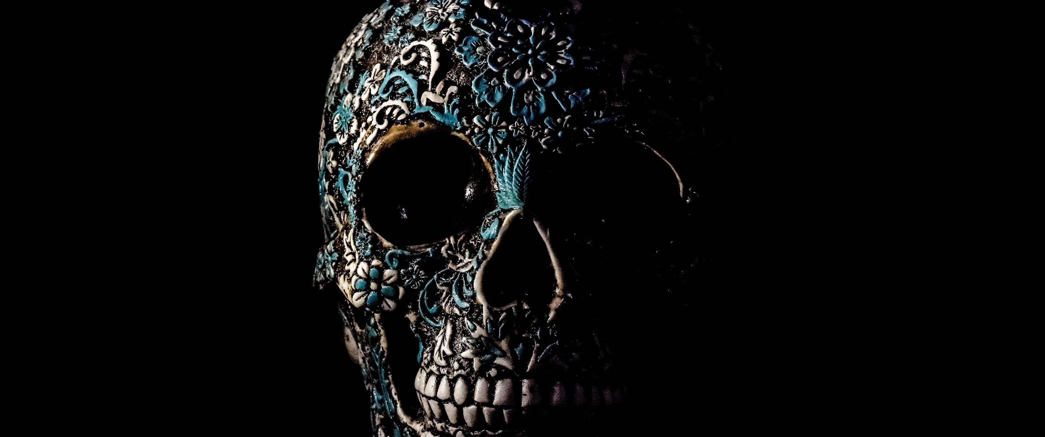 3440x1440 Skull Wallpaper 4K, Human, Skeleton, Black background