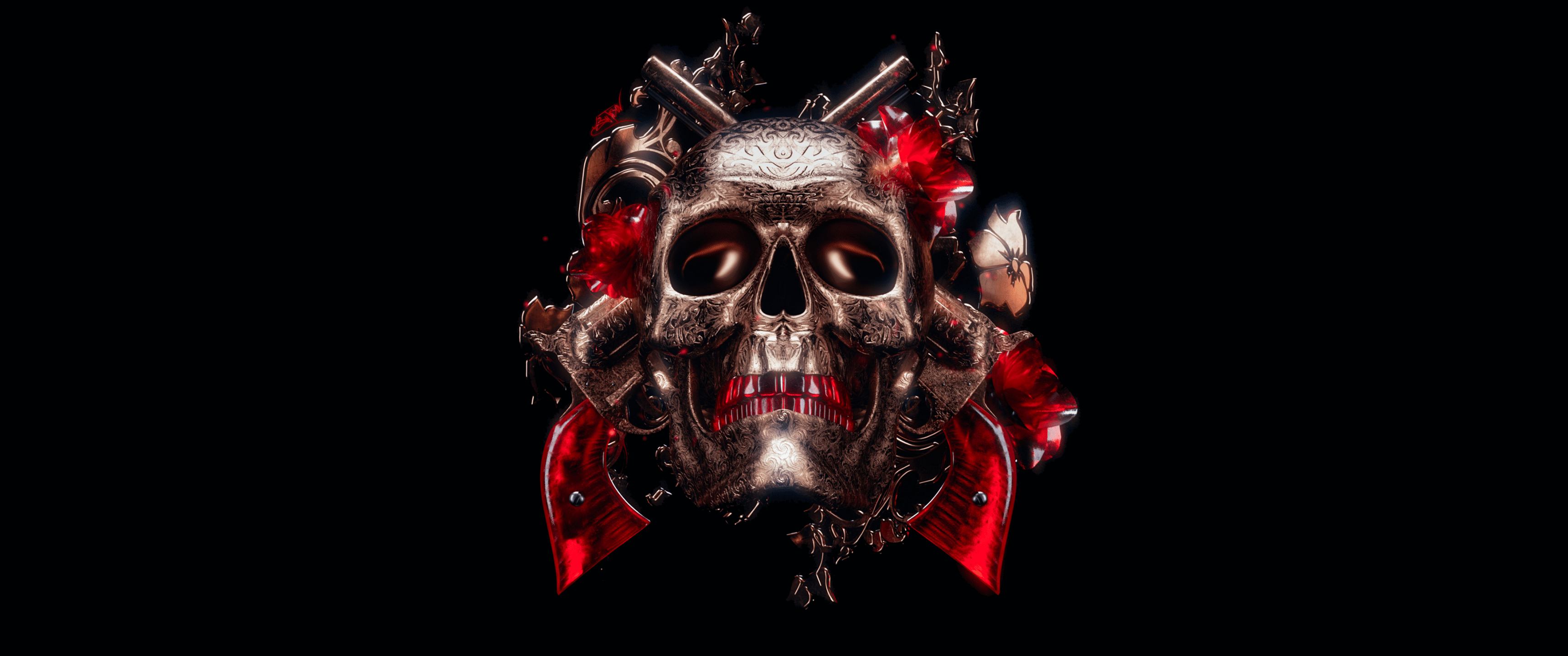 3440x1440 Skull Wallpaper 4K, 3D, Black background