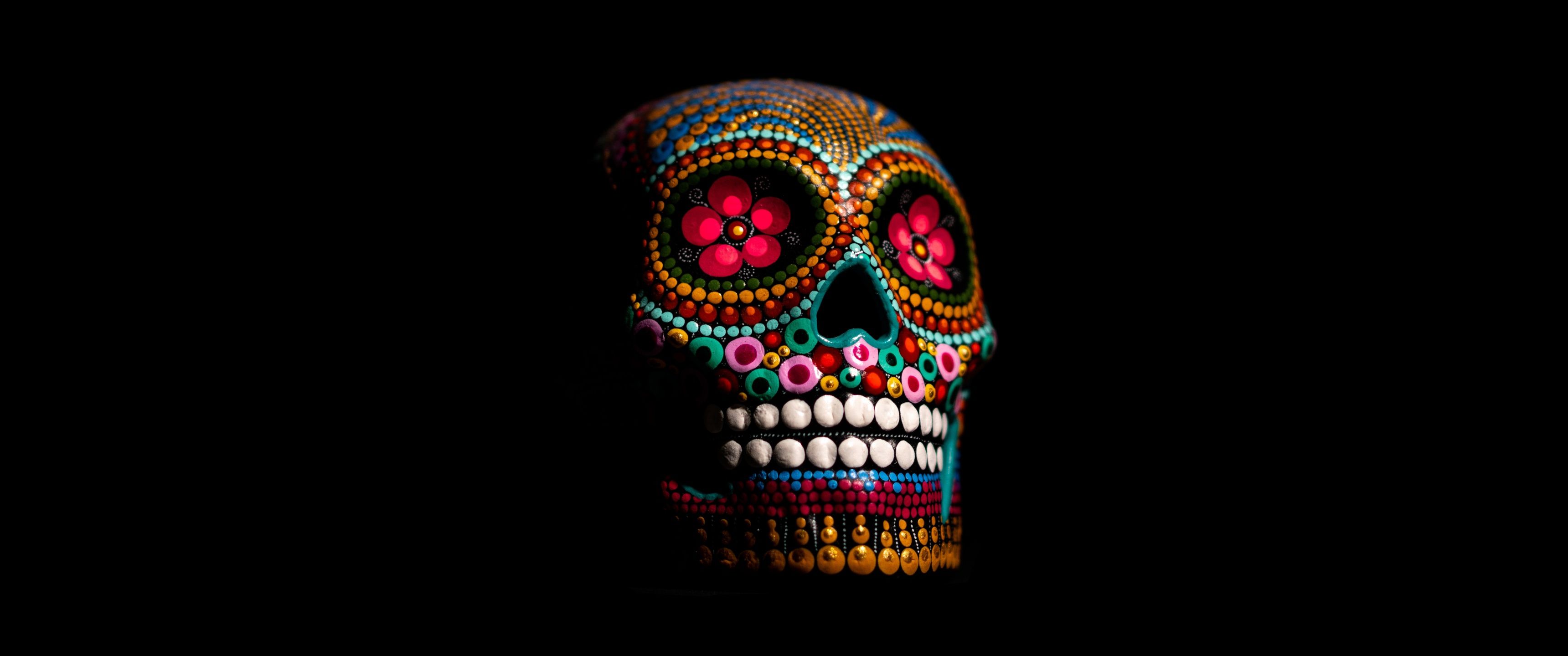 3440x1440 Skull Wallpaper 4K, Multicolor, Black background, 5K