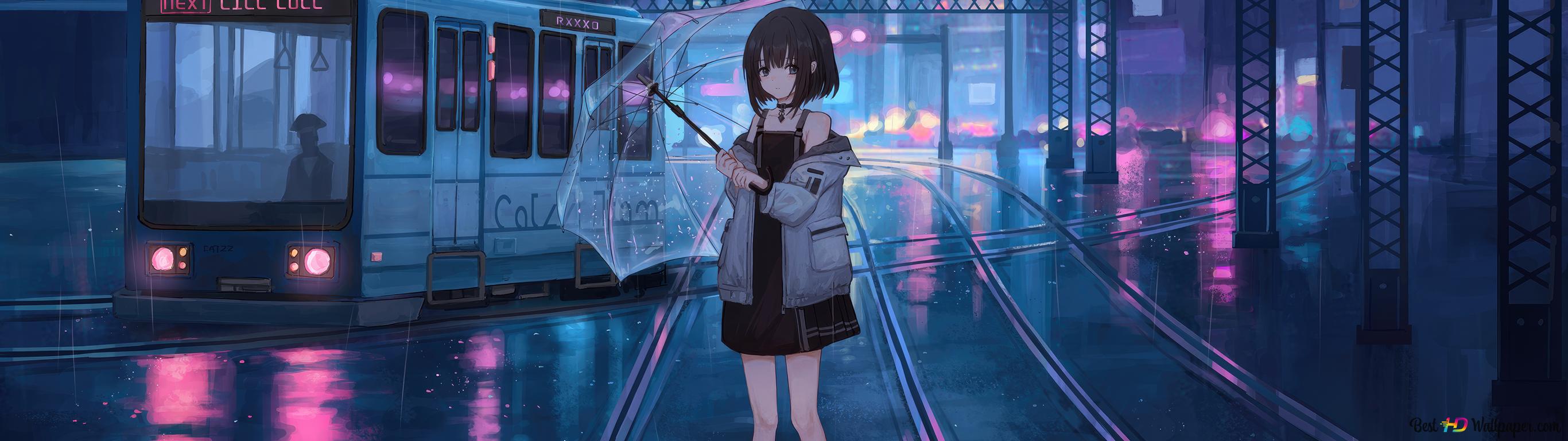 2732x768 Anime girl standing alone with umbrella on a tram track at night 4K wallpaper download