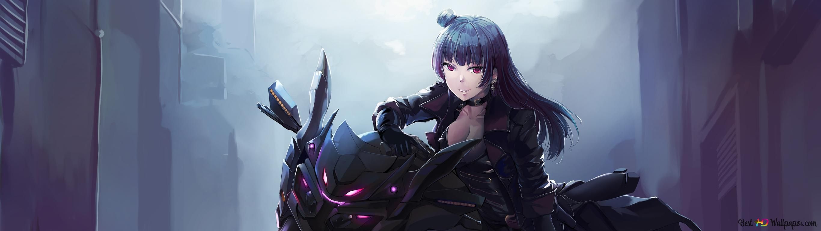 2732x768 Alone anime girl sitting on her sports bike 4K wallpaper download