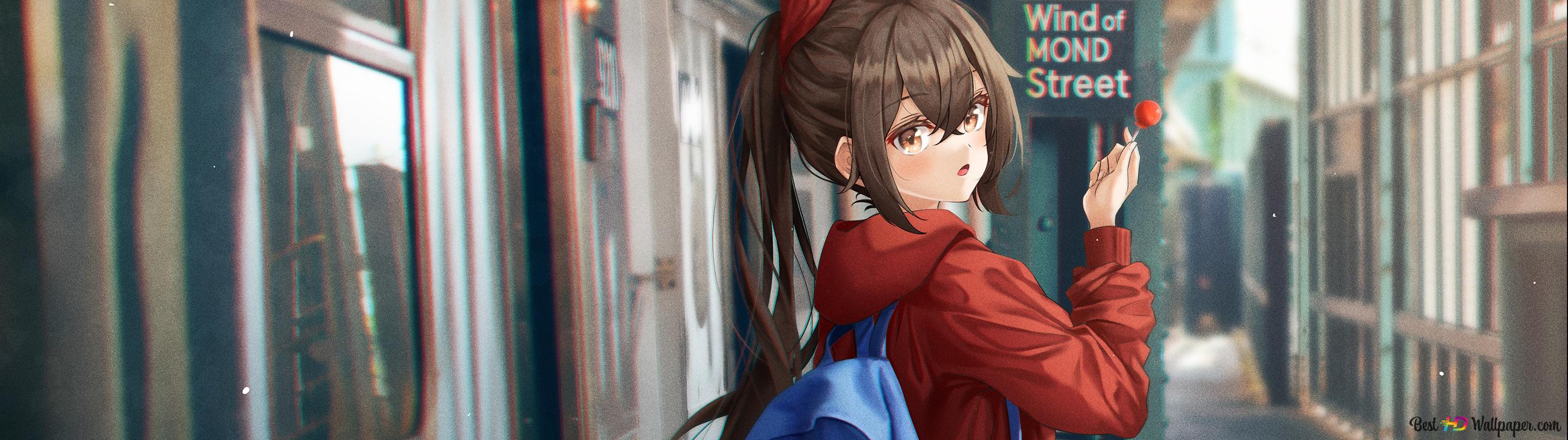 2732x768 Anime girl Amber standing in front of wind of Mond Street. Genshin 2K wallpaper download