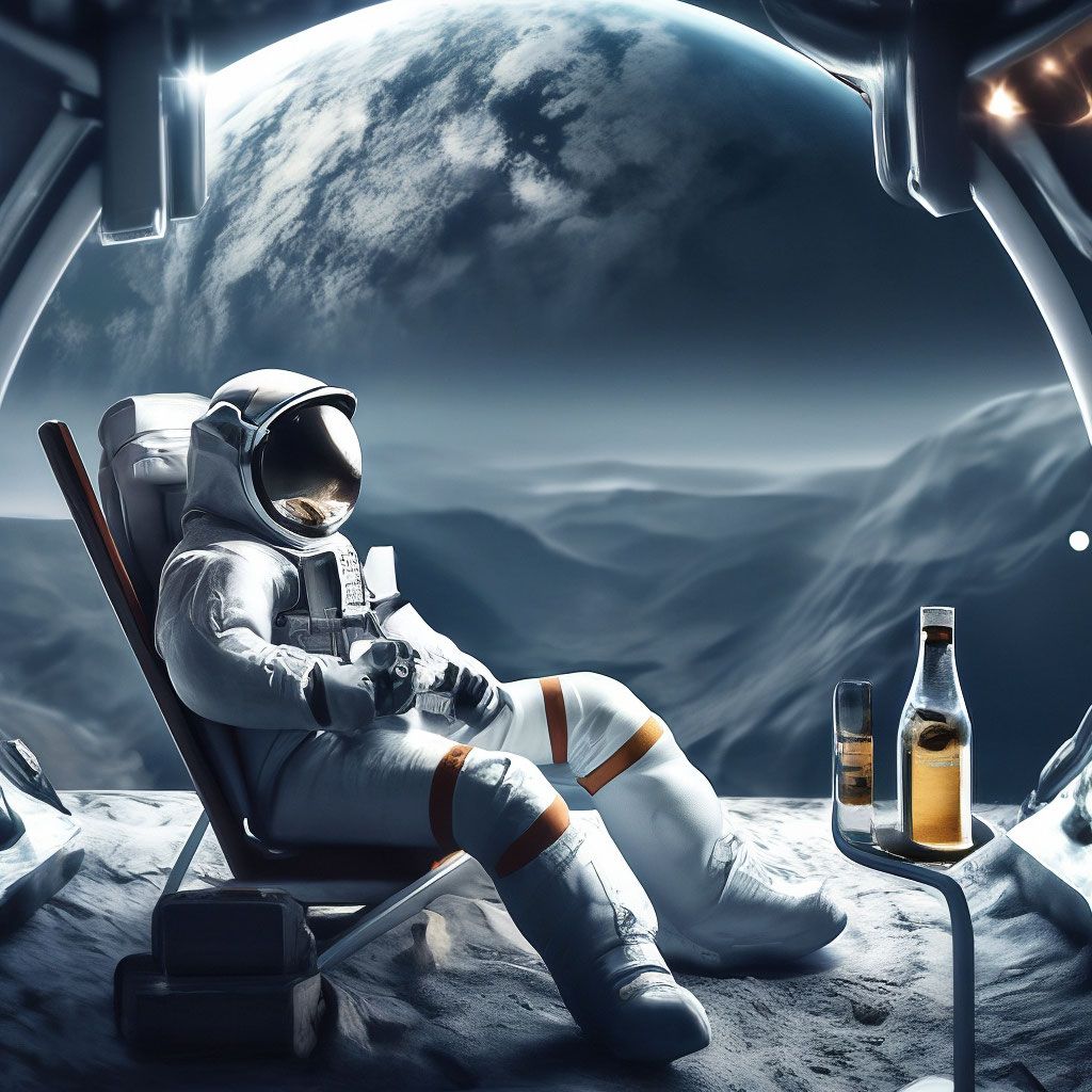 1024x1024 An astronaut drinks beer on the moon on a lounger looking at the earth