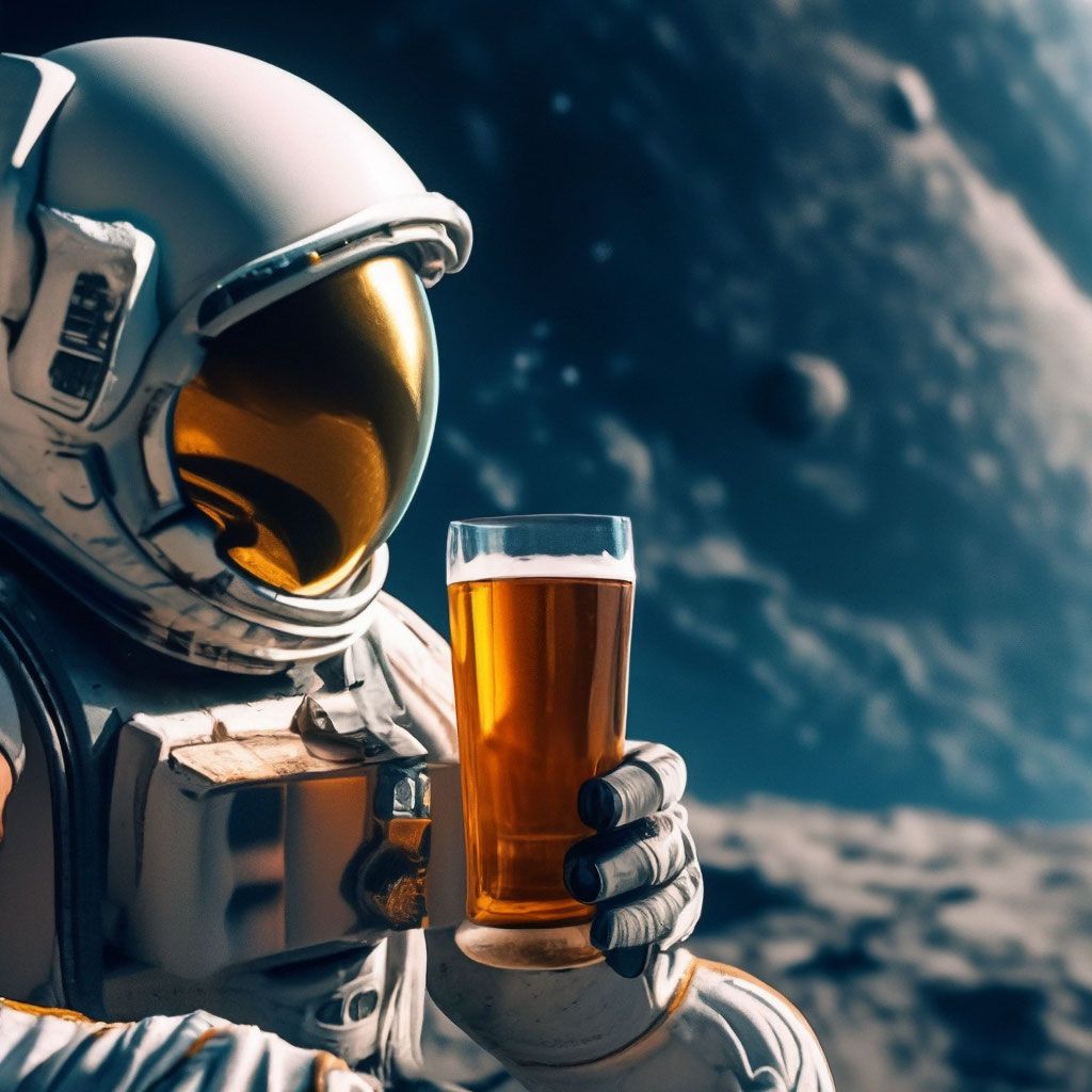 1024x1024 An astronaut looks at the earth from the moon and drinks beer through a spacesuit, aesthetically pleasing