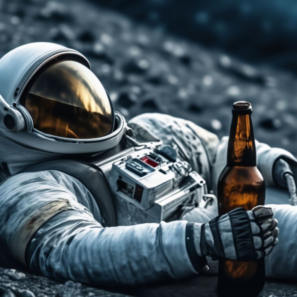 1024x1024 Drunk astronaut lying on the surface of the moon with bottle of beer in his