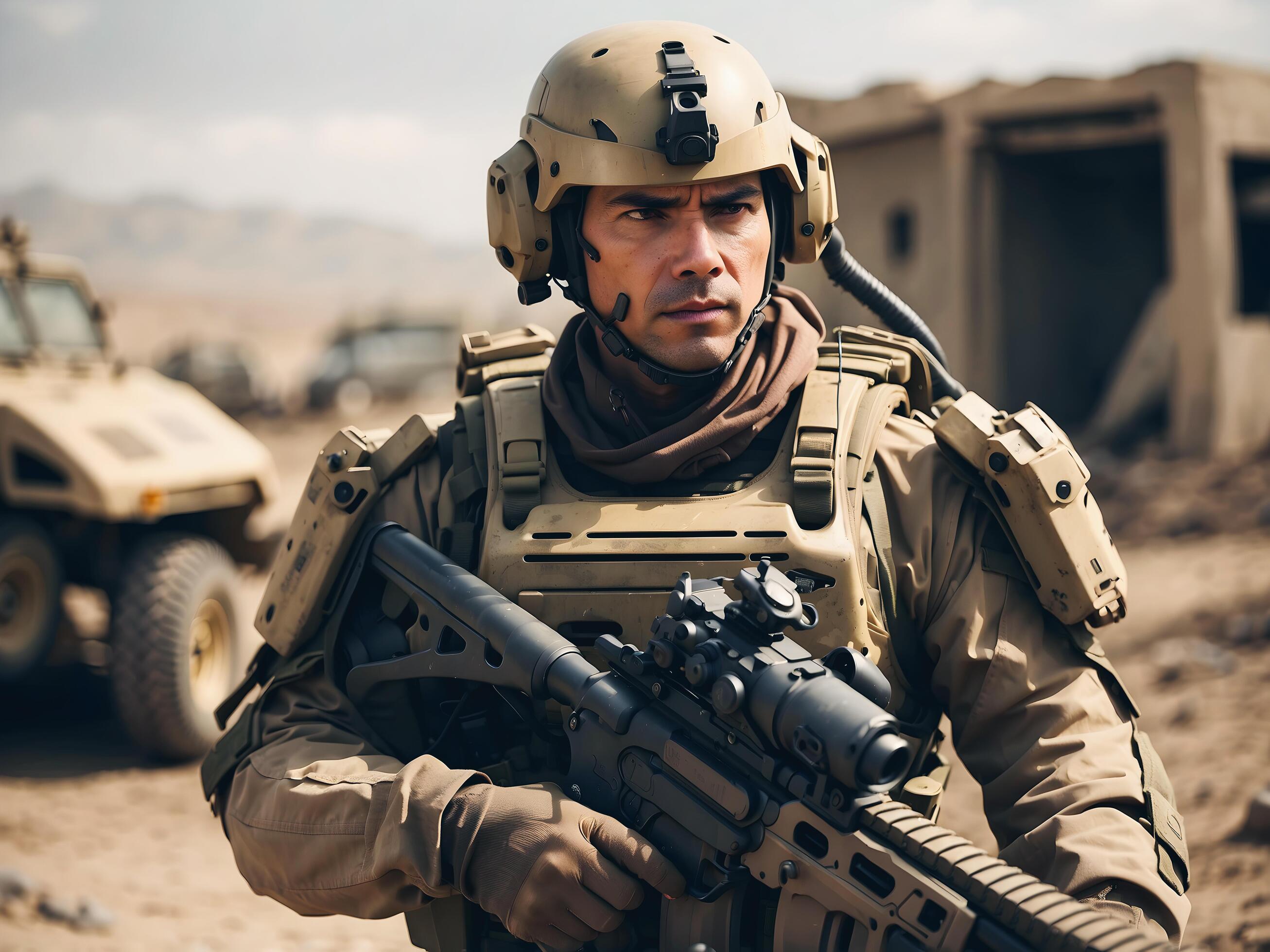 2613x1960 AI generated Modern futuristic special forces solider with full body armour and machine gun, army background, wallpaper