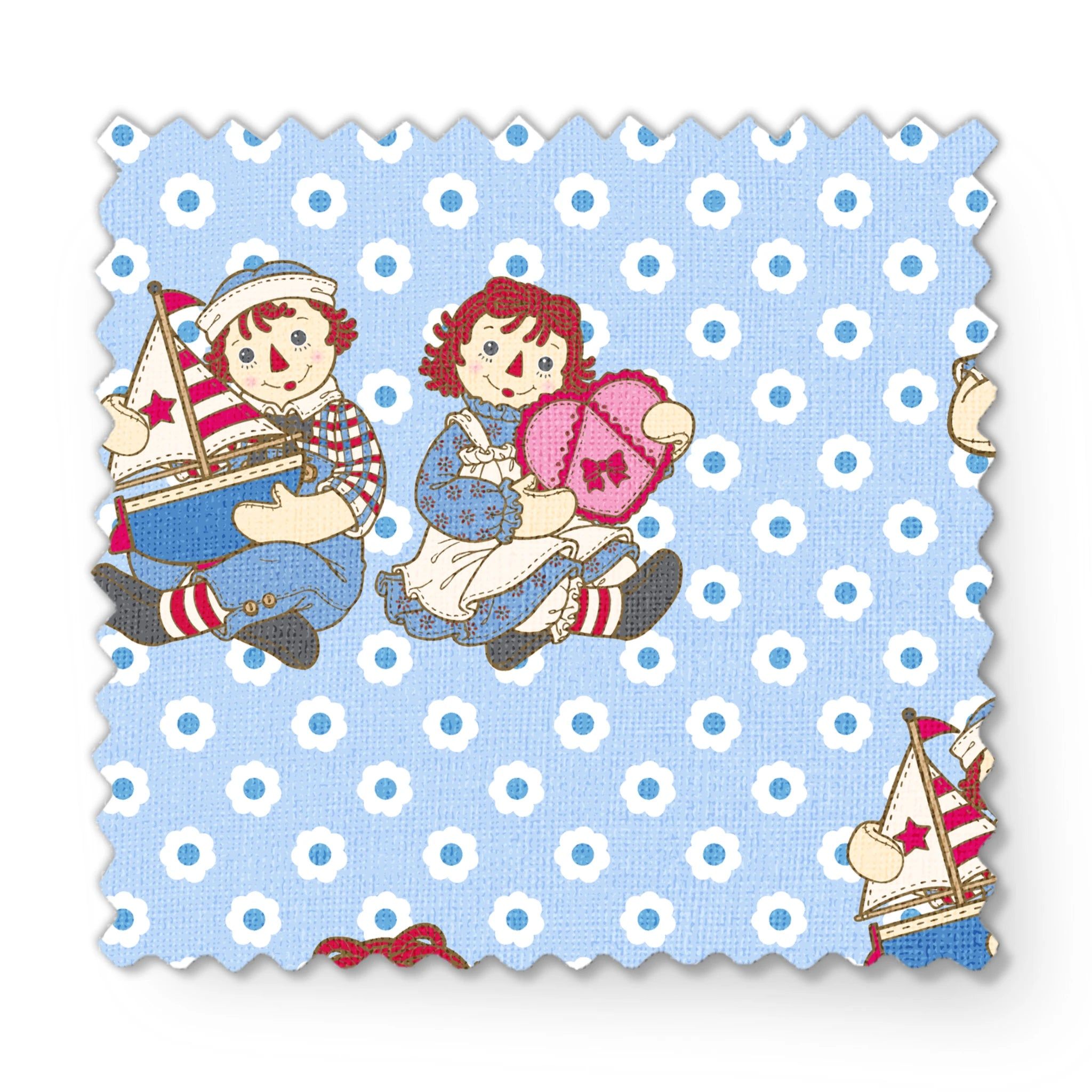 2048x2048 Raggedy Ann and Andy Daisy Toss on Blue. Fabric