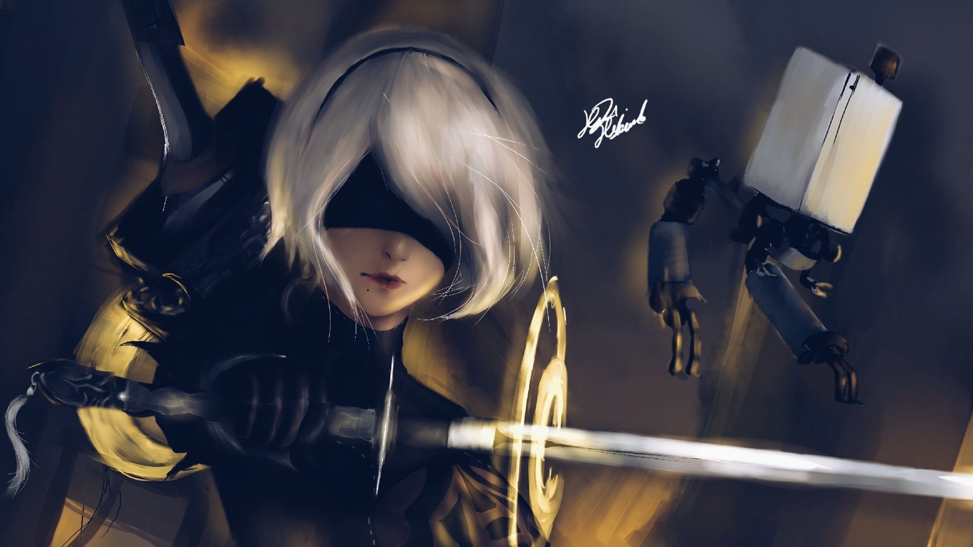 1920x1080 Wallpaper girl, figure, sword, art, Android, nier, NieR: Automata, YoRHa No.2 Type B for mobile and desktop, section арт, resolution 1920x1080