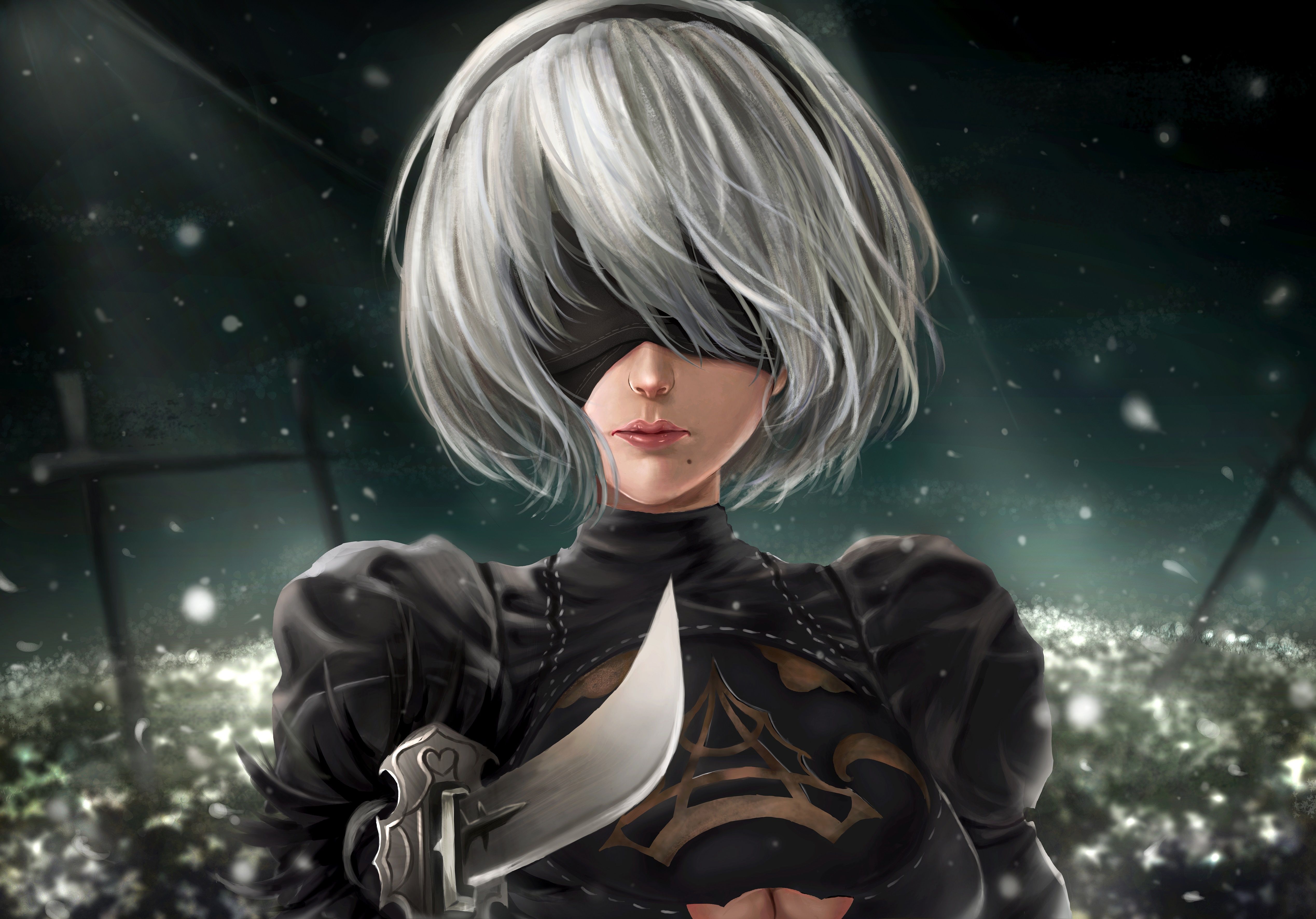 5074x3544 Wallpaper girl, flowers, dagger, NieR: Automata, YoRHa No. 2 Type B, by Those Girls for mobile and desktop, section игры, resolution 5074x3544