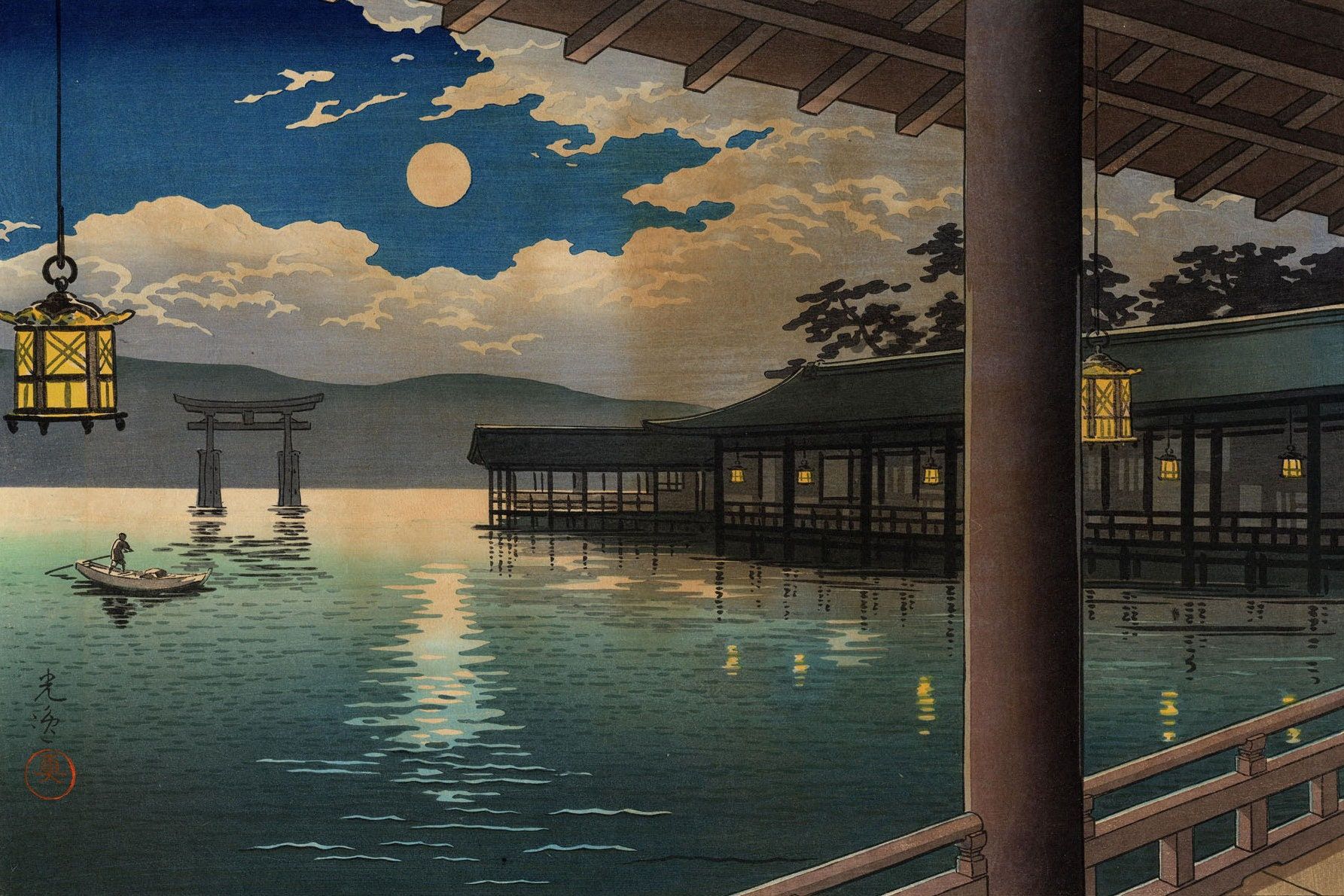 1785x1190 Summer Moon At Miyajima Tsuchiya Koitsu, Vintage Japan Poster, Japanese Fine Art Print, Ukiyoe Art, Woodblock Prints, Custom Size Available