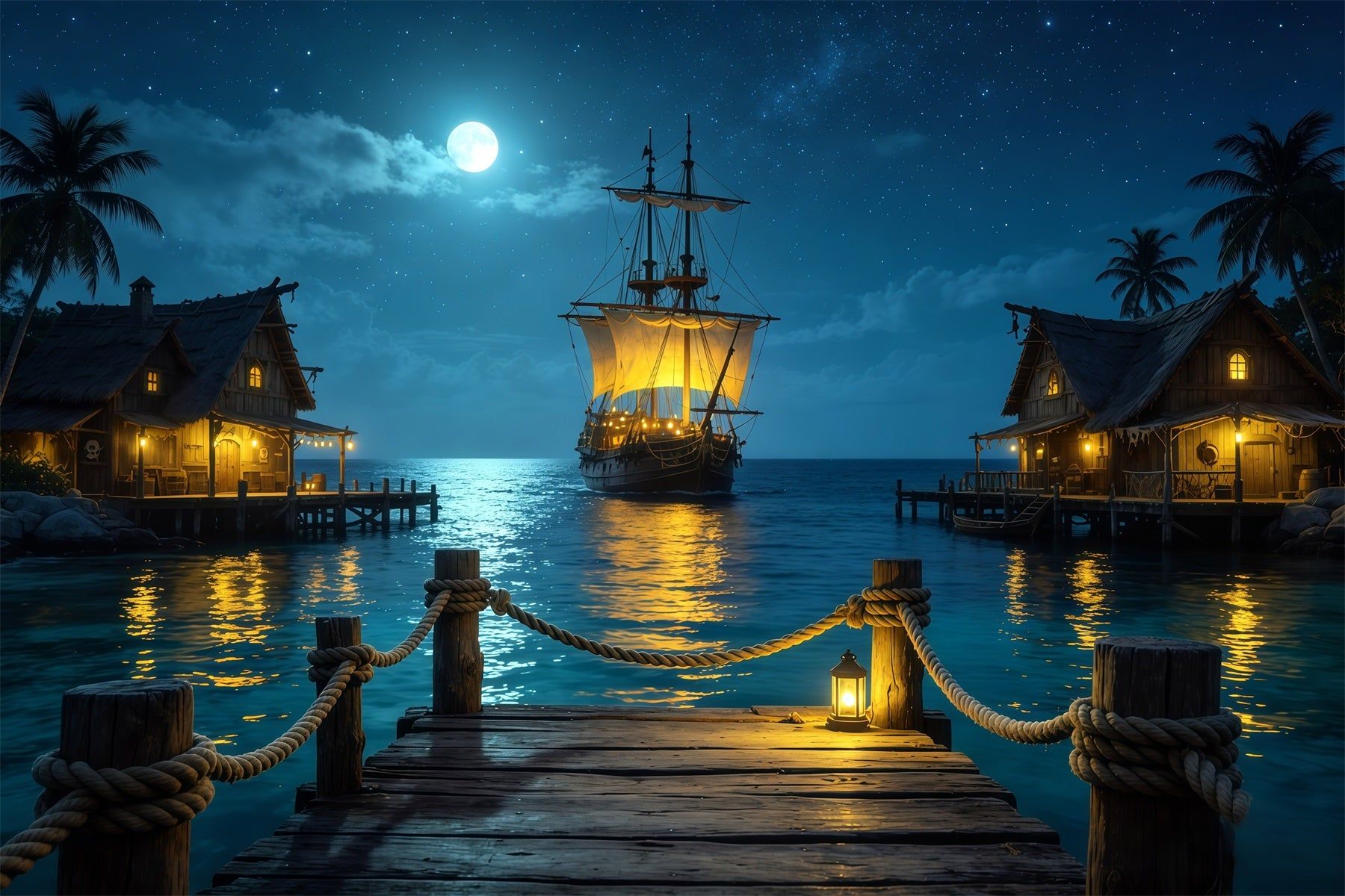 1800x1200 Caribbean Backdrop Moonlit Pirate Harbor Sailing Ship Summer Backdrop CSH64 78