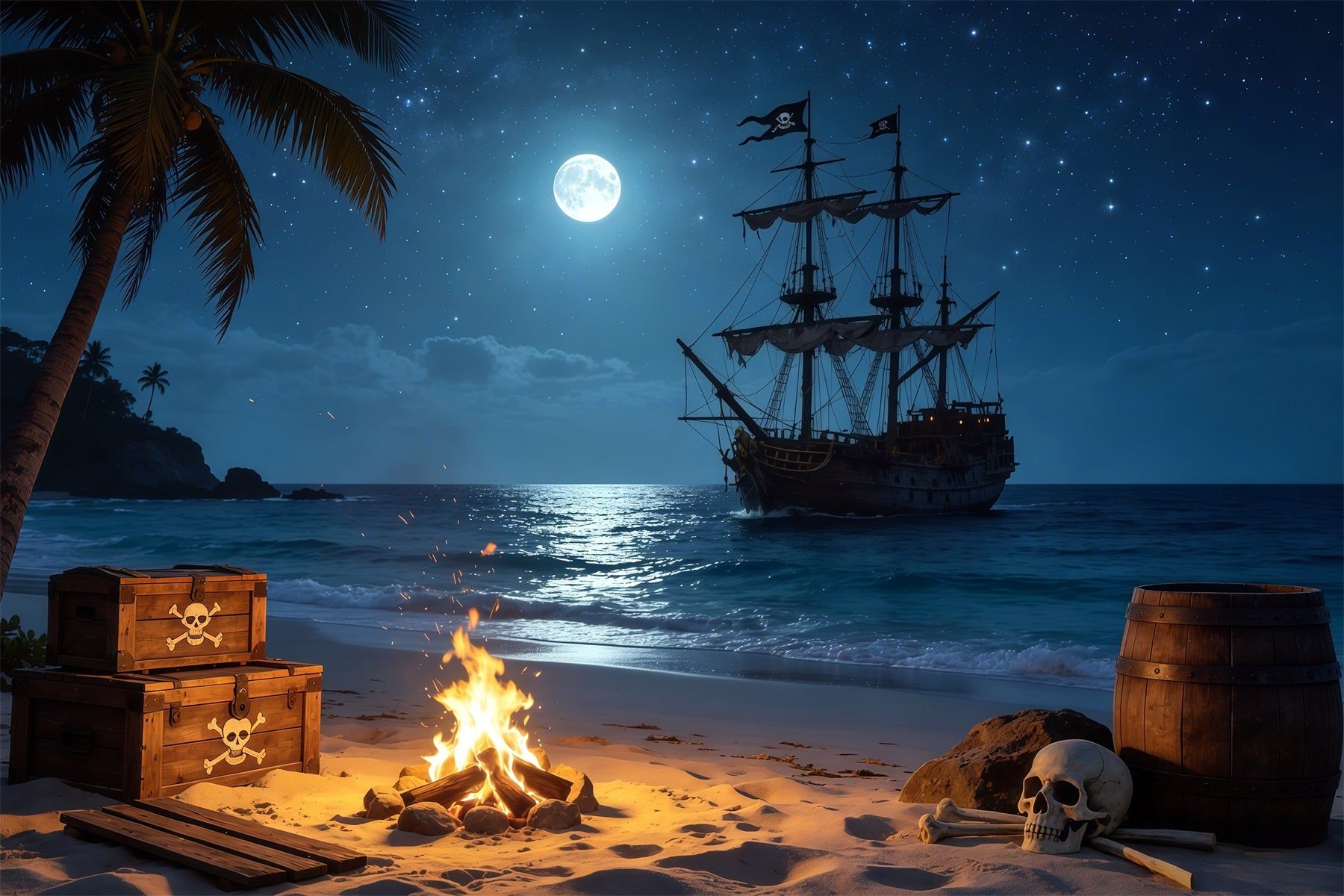 1800x1200 Caribbean Backdrop Tropical Pirate Beach Bonfire Treasure Summer Backdrops CSH64 79