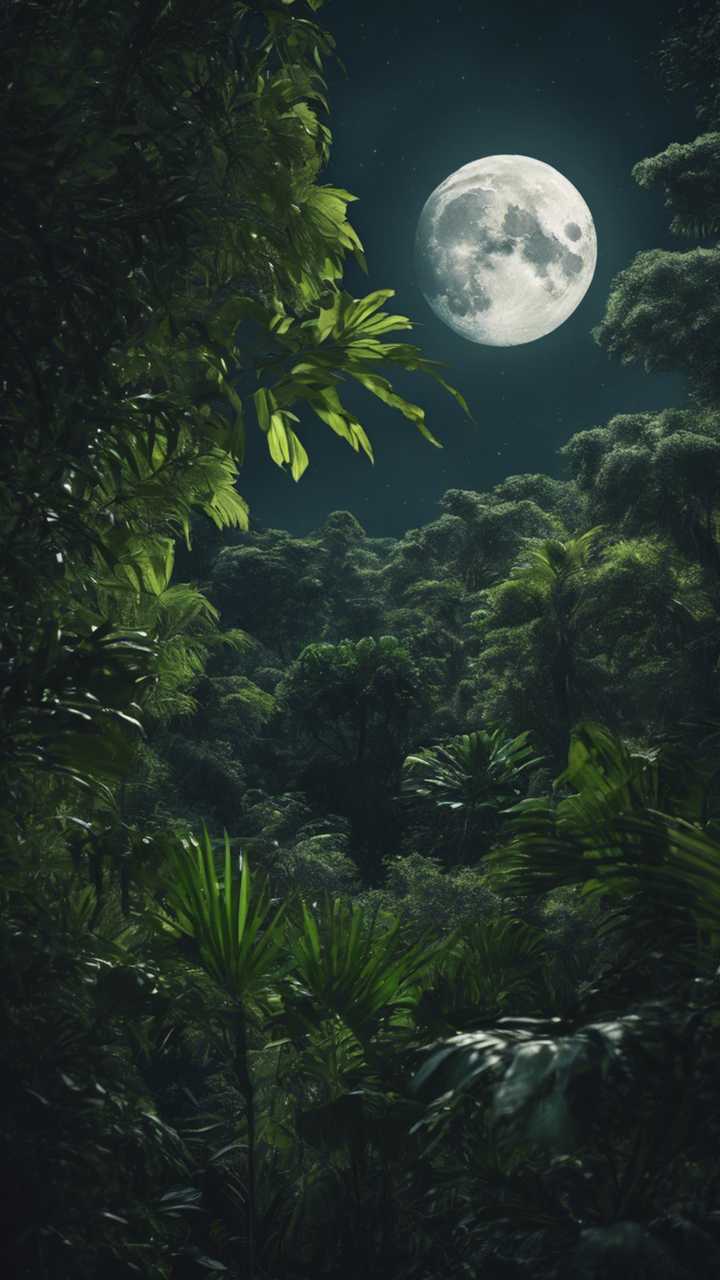 720x1280 A dense, tropical rainforest illuminated by a full moon in the midnight sky. Wallpaper [53021918b1ce4be78eae]