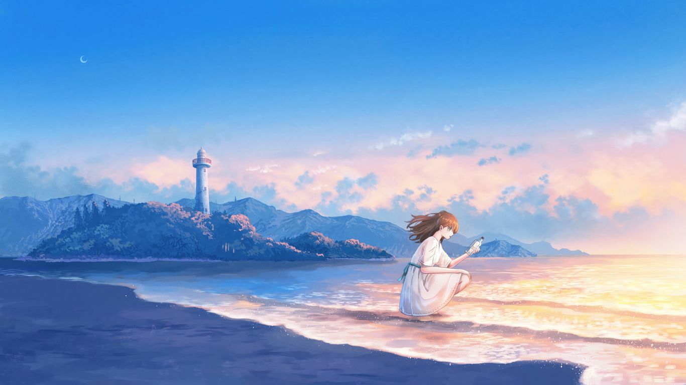 1366x768 Anime Girl Evening Beach Crescent Moon Laptop HD , HD 4k Wallpaper, Image, Background, Photos and Picture