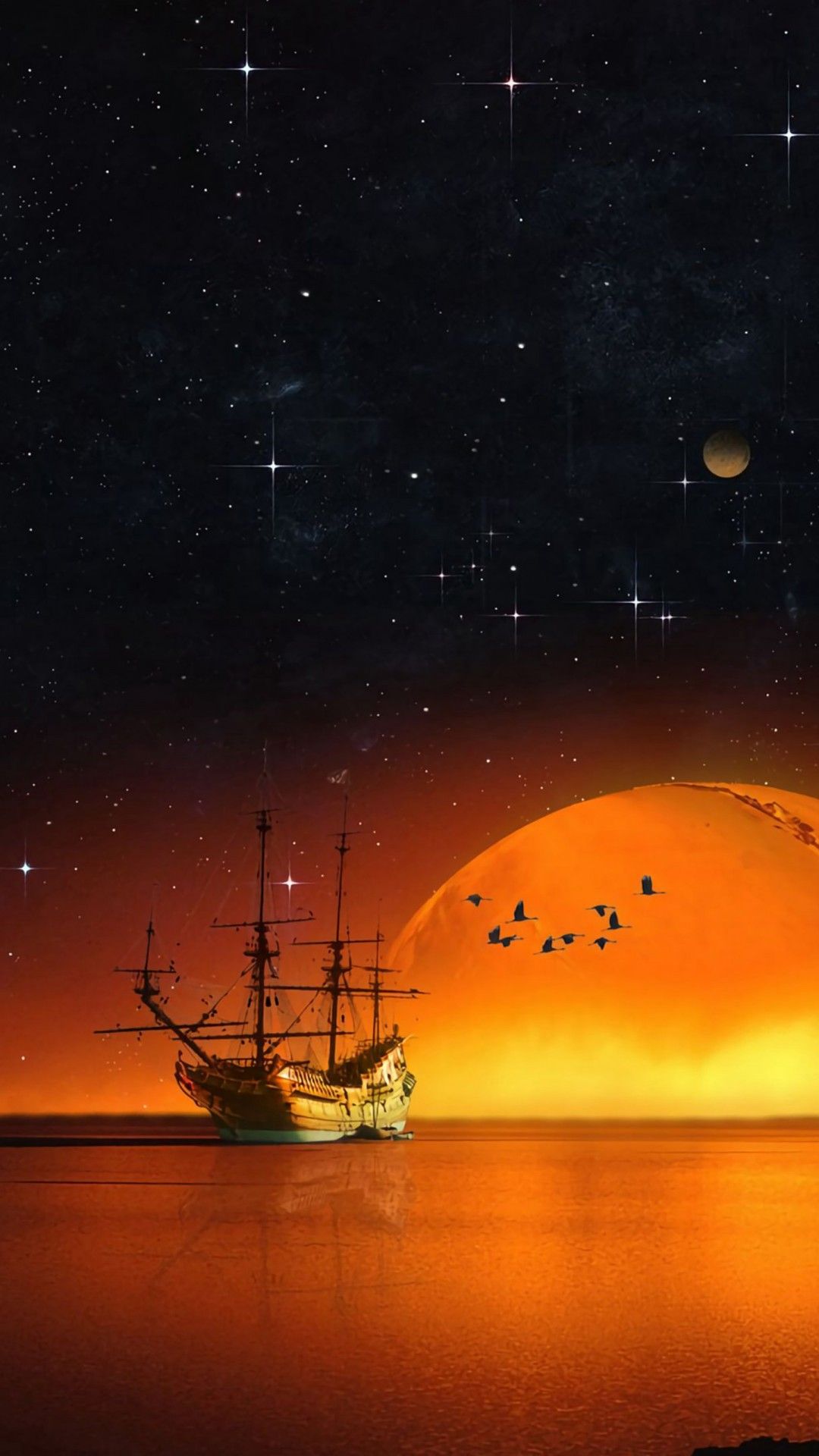 1080x1920 Ship Starry Sky Night Sea 4K HD Wallpaper