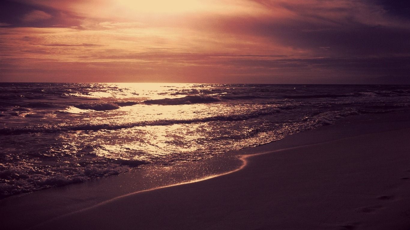 1366x768 Sea Night Sunset Light HD Desktop Wallpaper