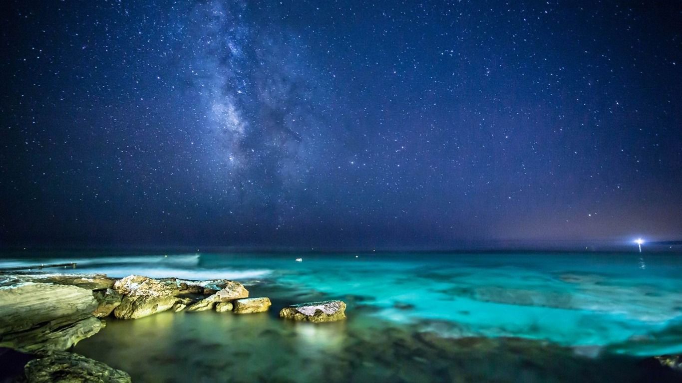 1366x768 Night Light Over The Sea HD Desktop Wallpaper