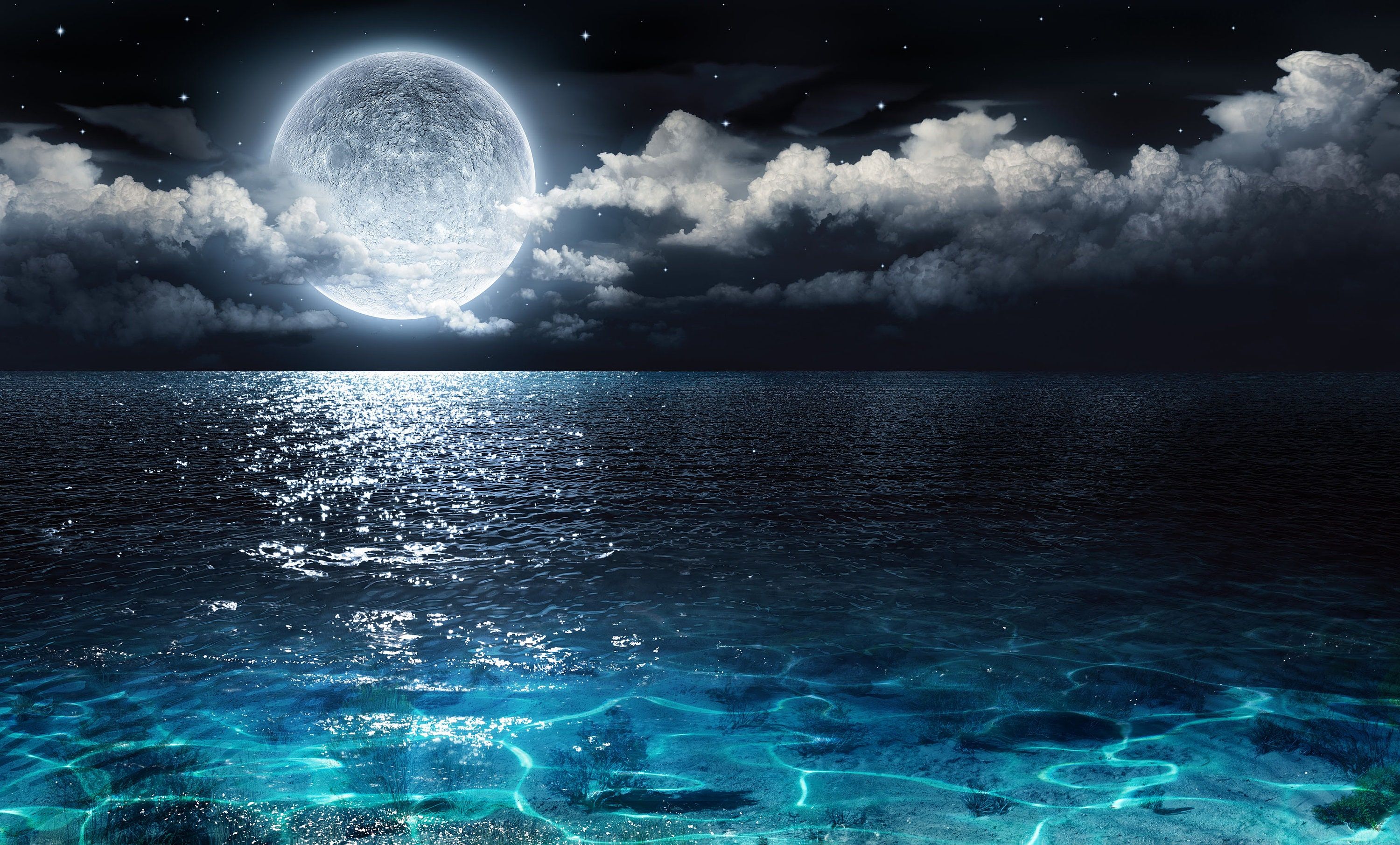 3000x1810 Coastal Night Beach Mural Ocean Moonlight Scene Sky Decor, Peel and Stick, Nursery Wall Art