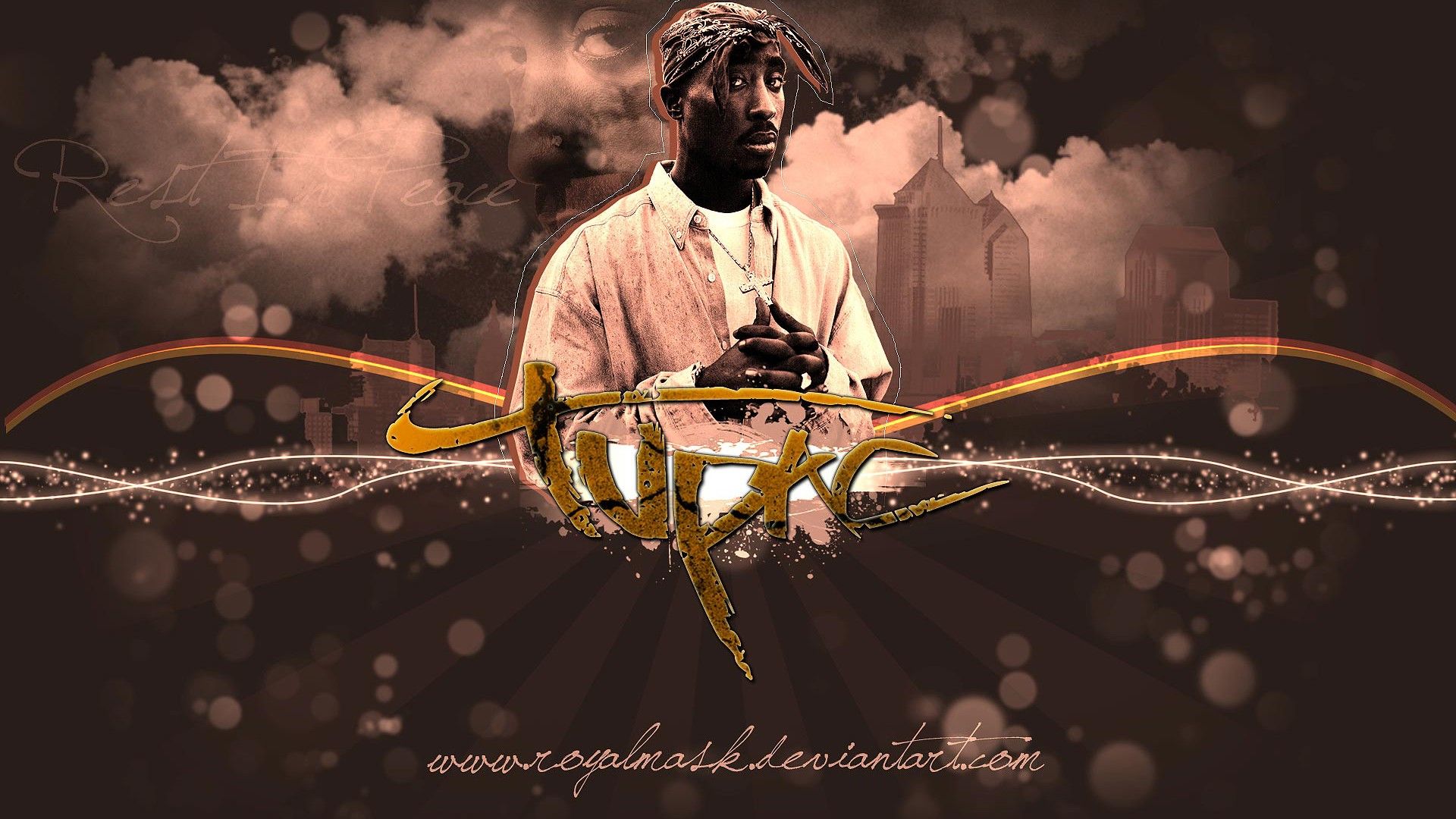 1920x1080 2Pac Tupac In Brown Background With Building Having Cross In Neck HD Music Wallpaper