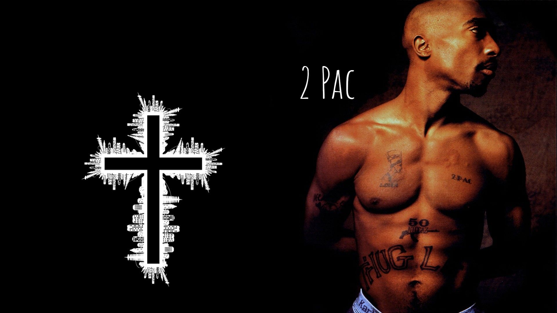 1920x1080 2Pac Tupac Is Facing One Side Beside Cross Symbol HD Music Wallpaper