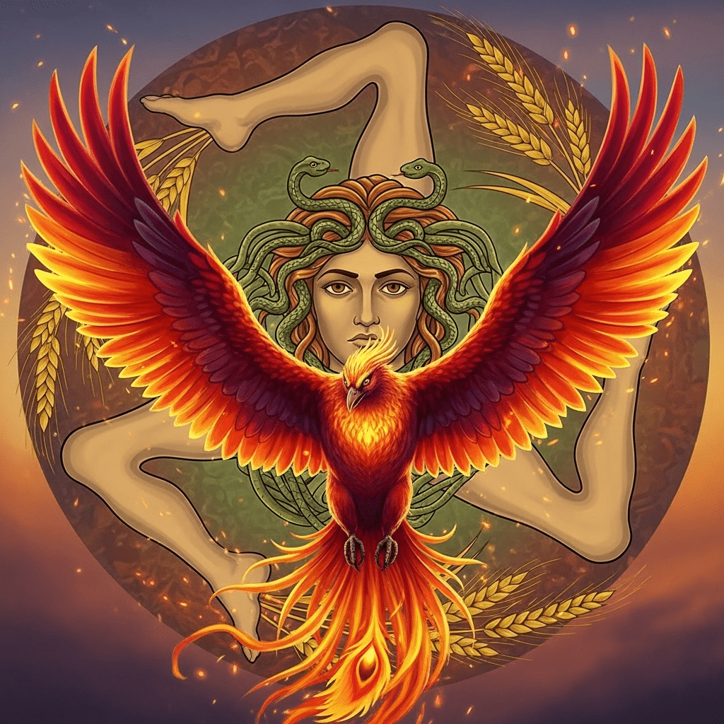 1024x1024 Sicilian Trinacria Phoenix Art. Mythical Symbol Illustration. AI Art Generator. Easy Peasy.AI