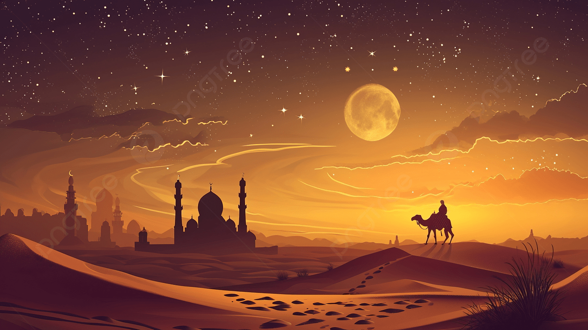 1200x673 Arabian Journey In The Desert With Mosque And Moon Eid Mubarak Or Ramadan Celebration, Mosque Illustration, Allah, Ramadan Mosque Background Image And Wallpaper for Free Download