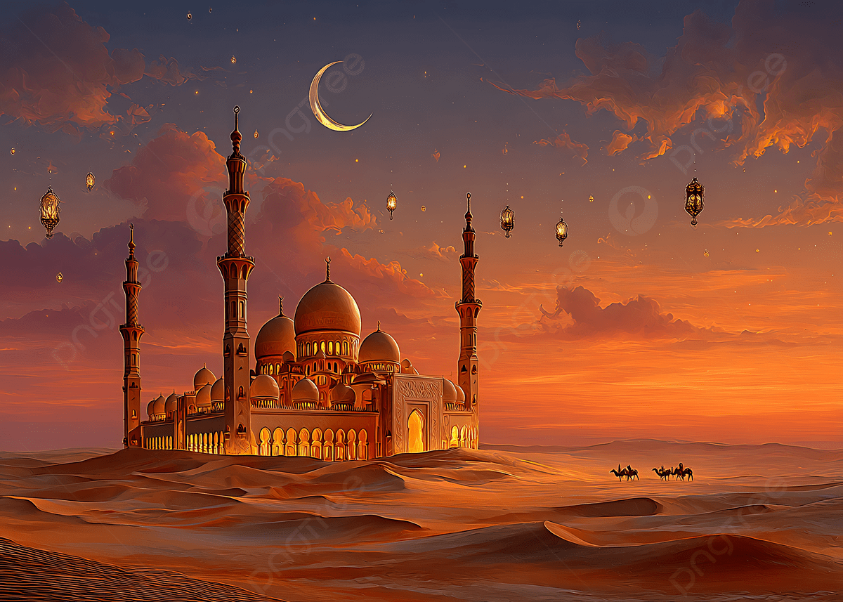 1200x857 Mosque In Arabian Desert At Sunset With Lanterns And Crescent Moon For Peaceful Islamic Design, Mosque, Arabian, Desert Background Image And Wallpaper for Free Download