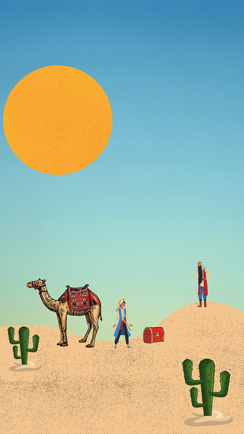 800x1422 Arabian Desert, cactus, camel, orange, retro, sand, sun, treasure, yellow, HD phone wallpaper