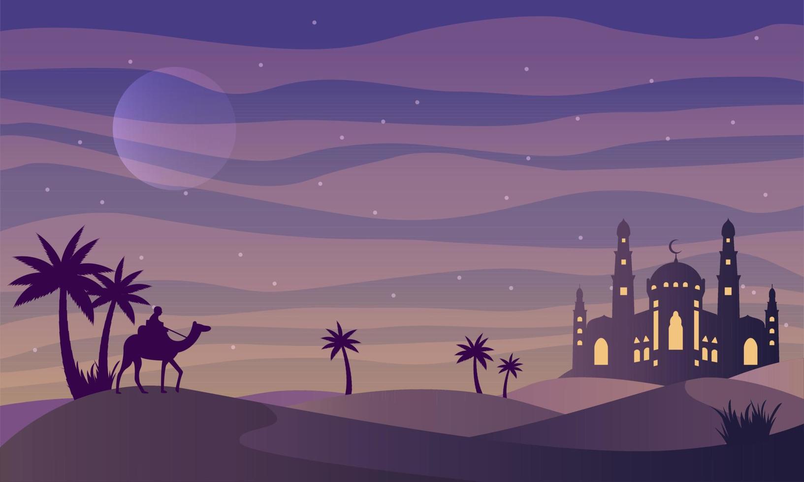 1633x980 Man riding camel in desert night with mosque and moon background. Islamic concept, arabian desert landscape night view, silhouette vector illustration