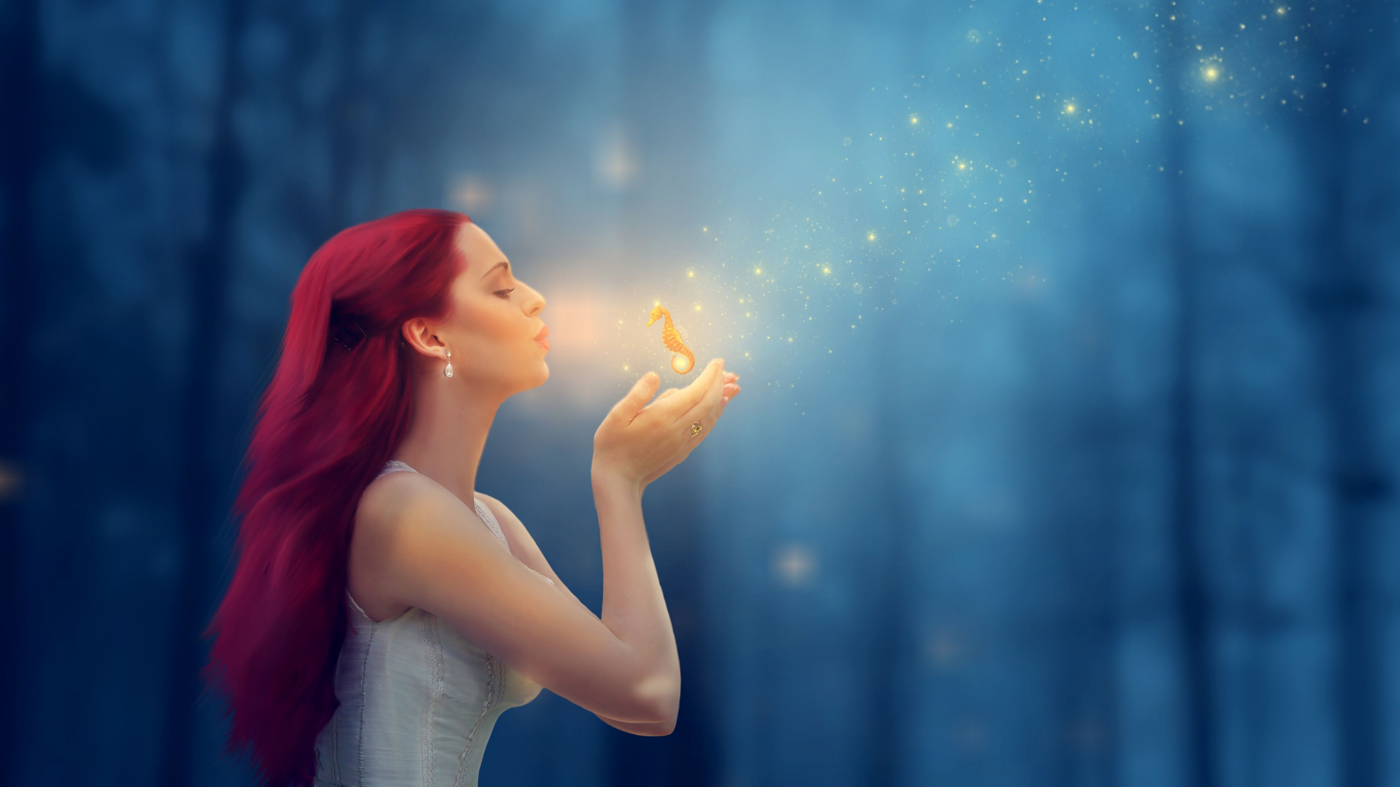 4480x2520 Fantasy girl Wallpaper 4K, Seahorse, Forest, Dream