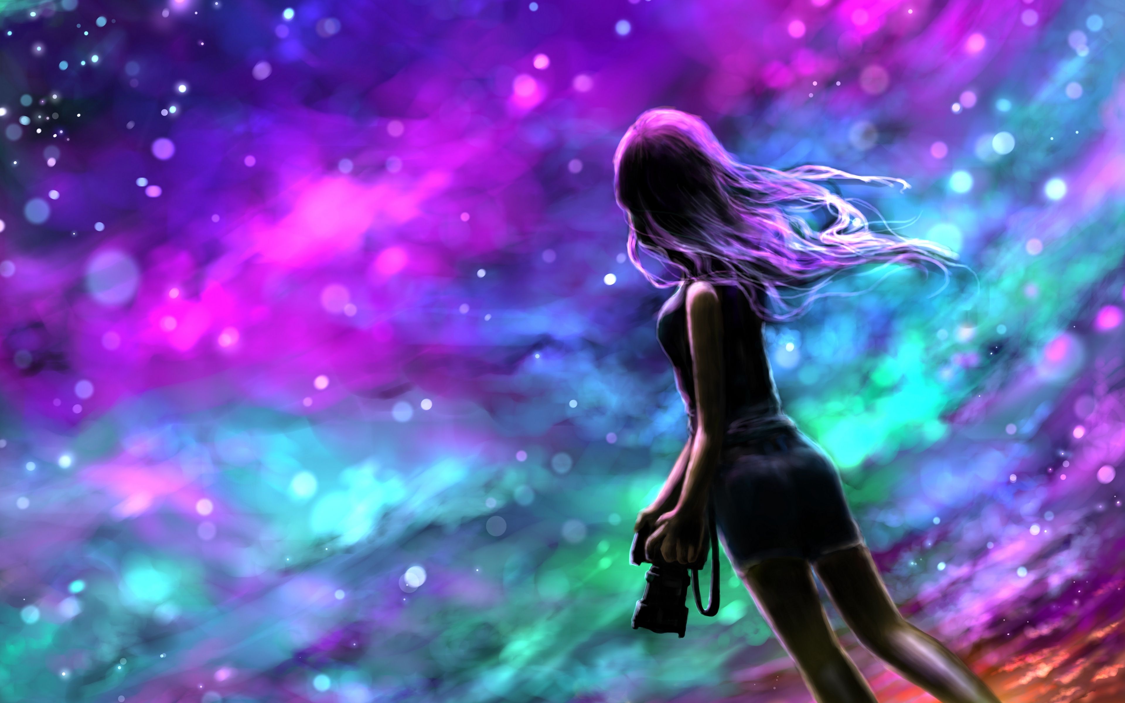 3840x2400 Wallpaper girl, fantasy, photographer, night, art, starry sky, blur effect for mobile and desktop, section фантастика, resolution 3840x2400