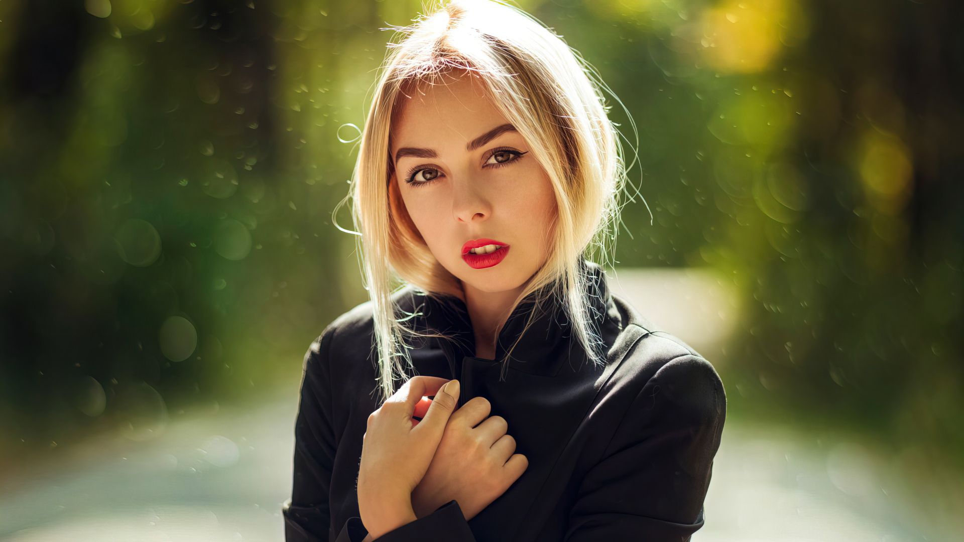 1920x1080 White Hair Girl Model Is Standing In Blur Green Leaves Bokeh Background Wearing Black Dress HD Girls Wallpaper
