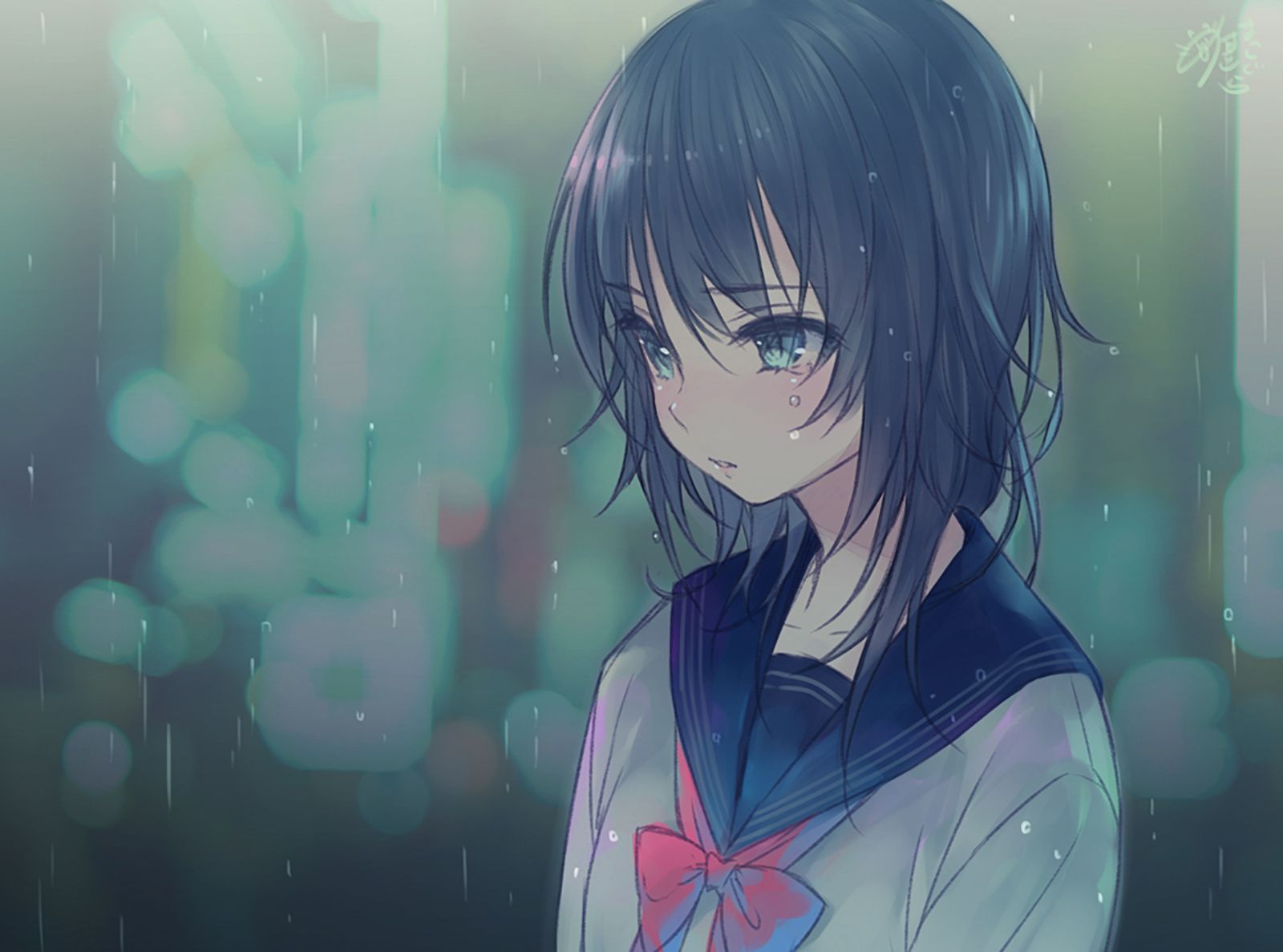 1600x1187 Download Blur Black Hair Rain School Uniform Blue Eyes Anime Original Rain Anime Wallpaper by 猫缶まっしぐらx1187