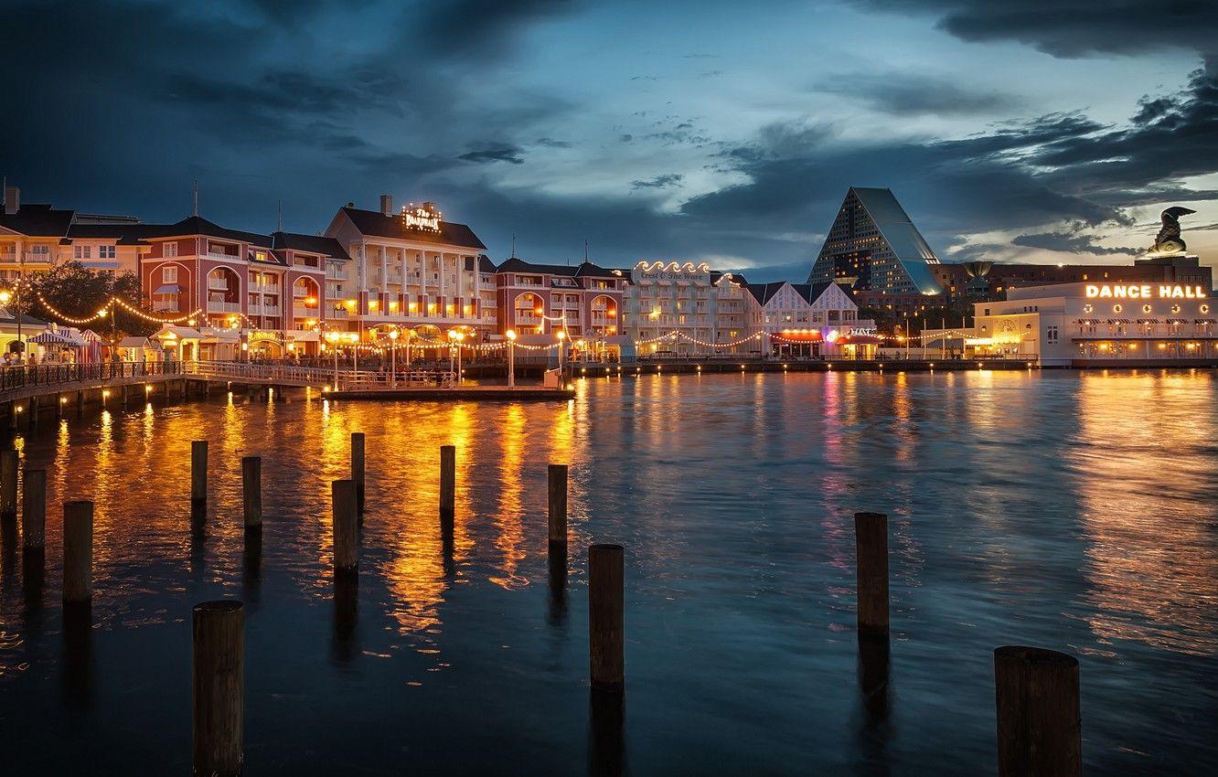 1332x850 Wallpaper water, light, night, the city, lights, reflection, FL, Orlando, Disney World, Orlando, Florida, Boardwalk image for desktop, section город