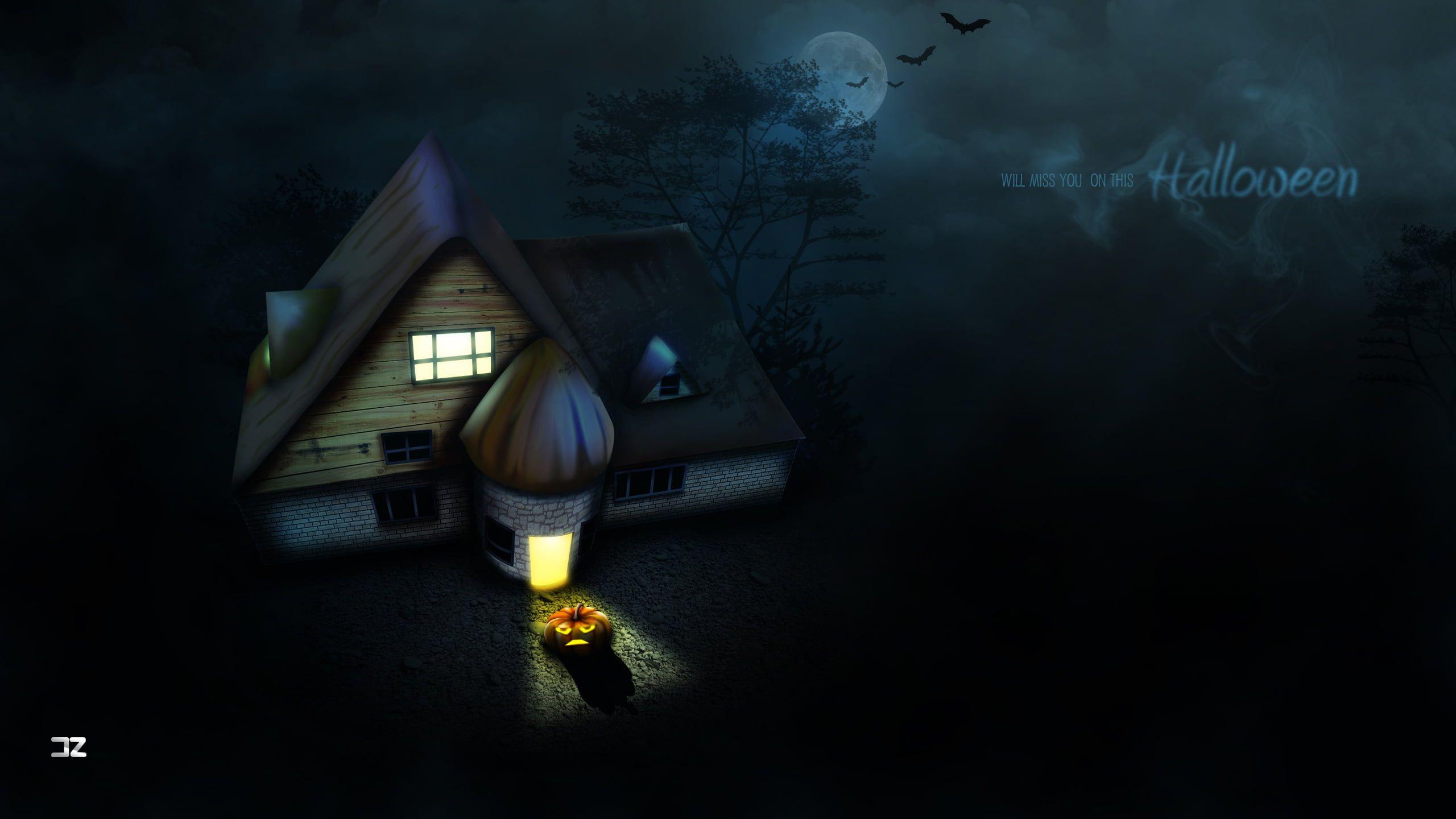 2560x1440 Landscape illustration of house with Halloween text overlay HD