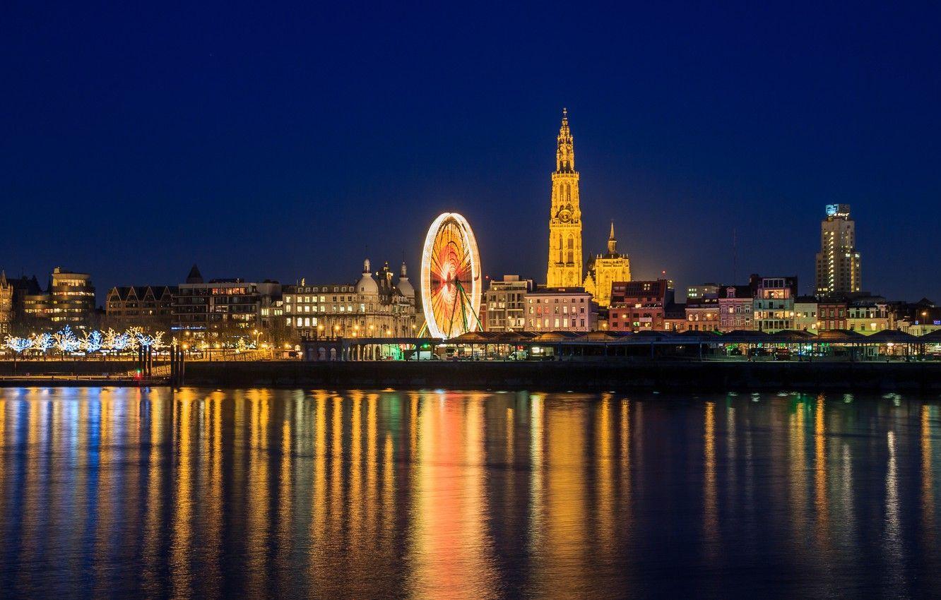 1332x850 Wallpaper night, lights, reflection, mirror, horizon, Ferris wheel, Belgium, Antwerp, the river Scheldt image for desktop, section город