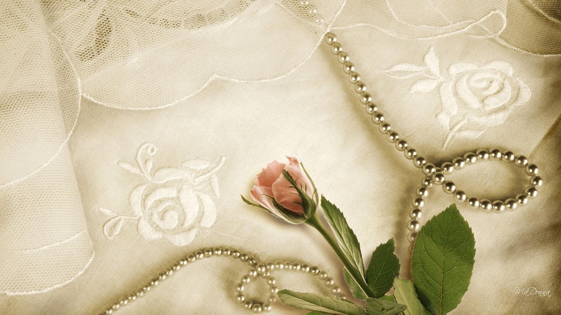 1920x1080 Delicate Pink Rose on Vintage Embroidered Handkerchief HD Wallpaper