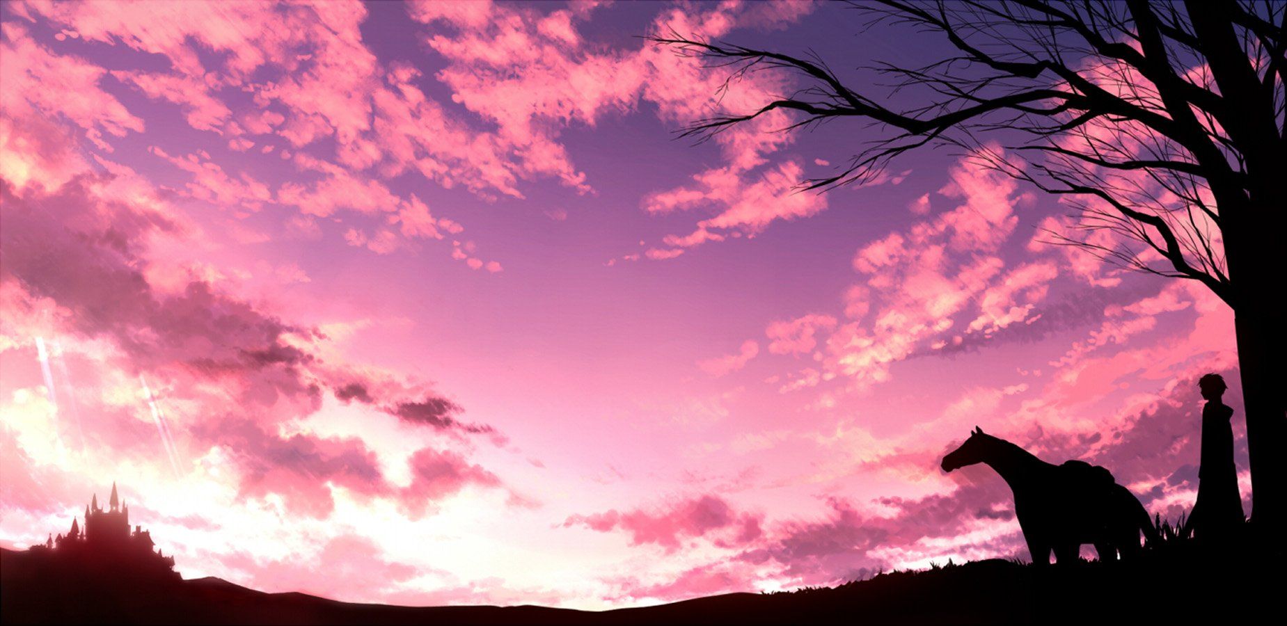 1849x900 anime, Landscape, Sky, Horse, Tree, Guy, City, Cloud Wallpaper HD / Desktop and Mobile Background