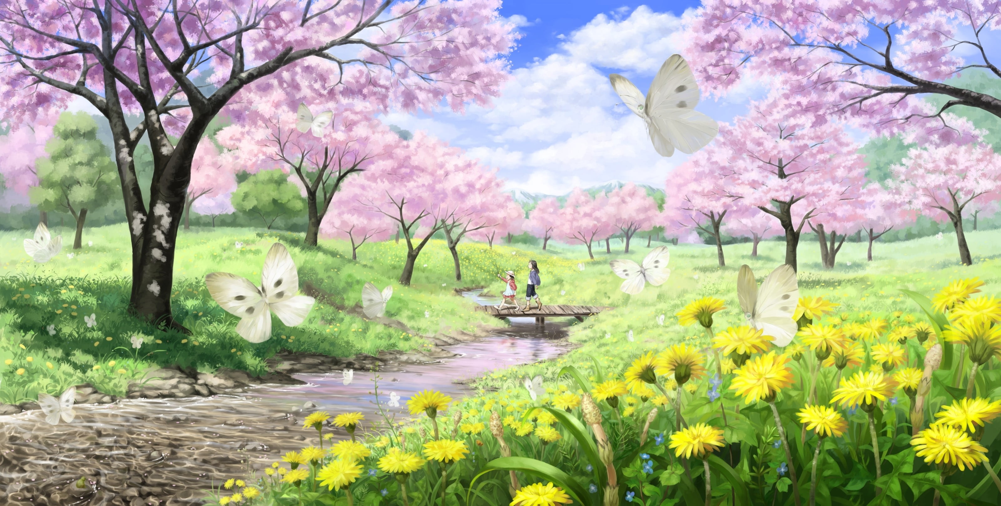 3200x1617 Anime, landscape, butterfly HD wallpaper