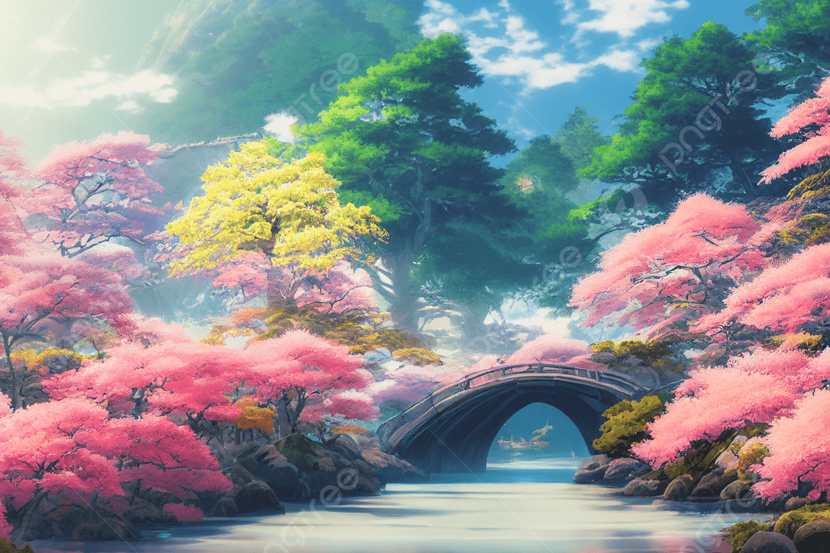 1200x800 Stunning Wallpaper Of Japanese Anime Landscape With Majestic Mount Fuji And Gorgeous Pink Cherry Blossom Trees Photo, Cherry, Digital Art, Fantasy Wallpaper Background Image And Wallpaper for Free Download