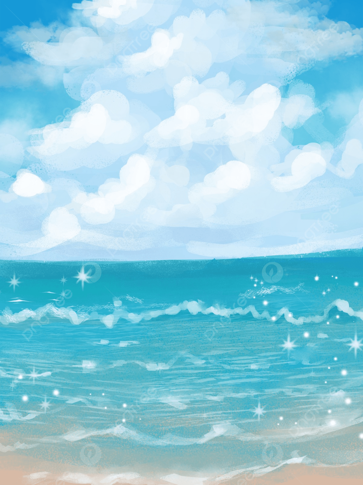 1200x1604 Hand Painted Japanese Scene Blue Sky White Clouds Sea Waves Beach Background Travel Material Wallpaper Image For Free Download