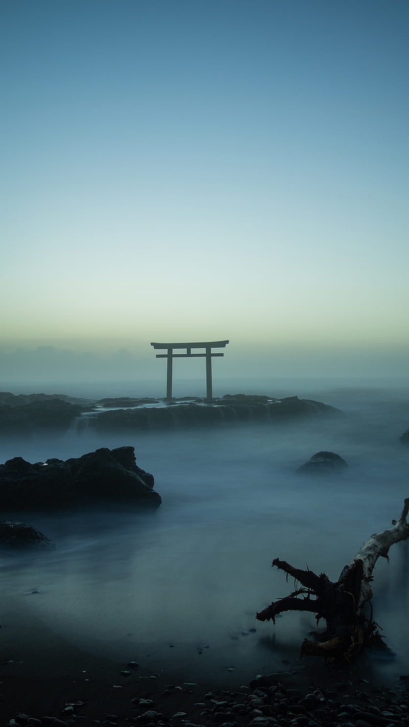 800x1422 Nature, landscape, portrait display, torii, Asia, long exposure, sea, rock, mist, HD phone wallpaper