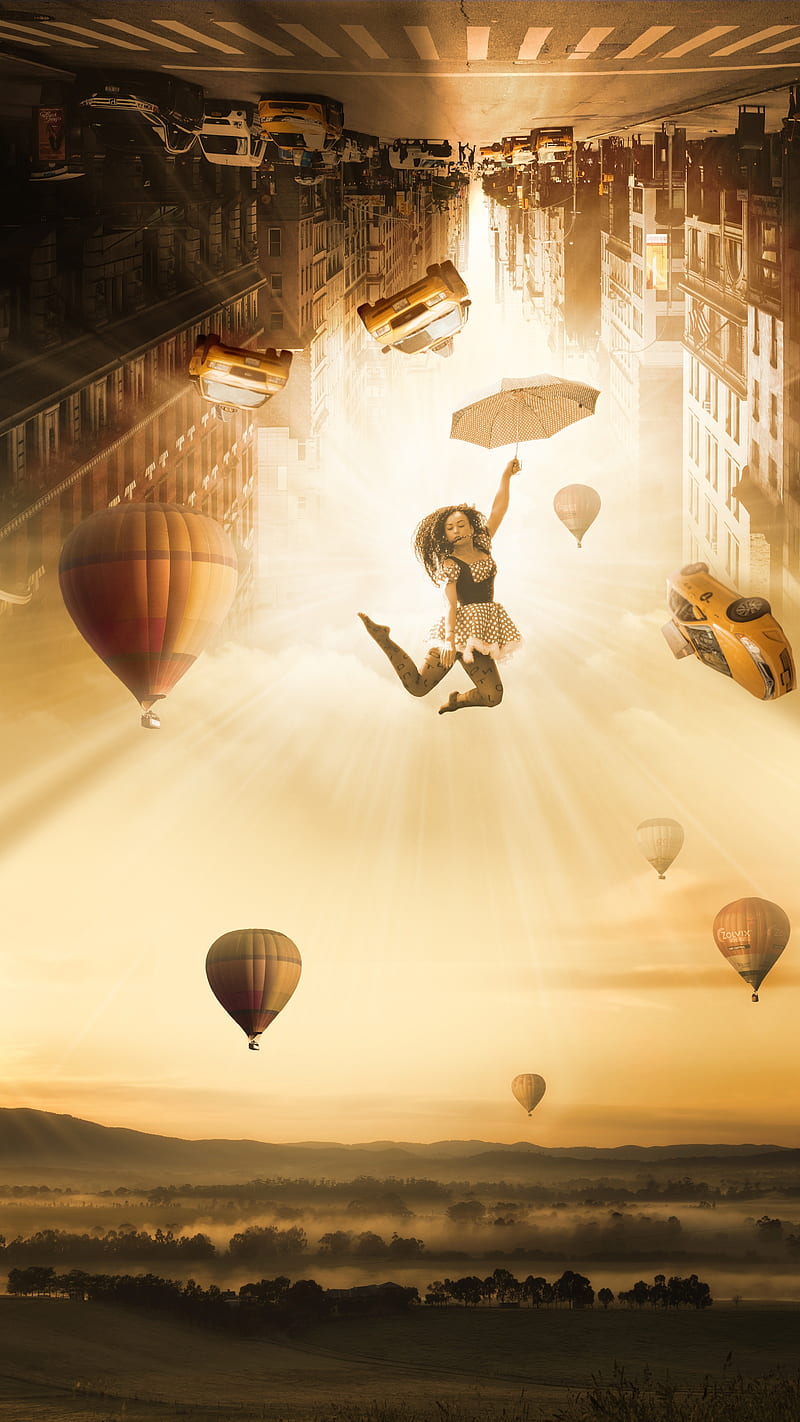 800x1422 New York Woman Fall, modern, art, fantasy, taxi, hot air balloon, HD phone wallpaper
