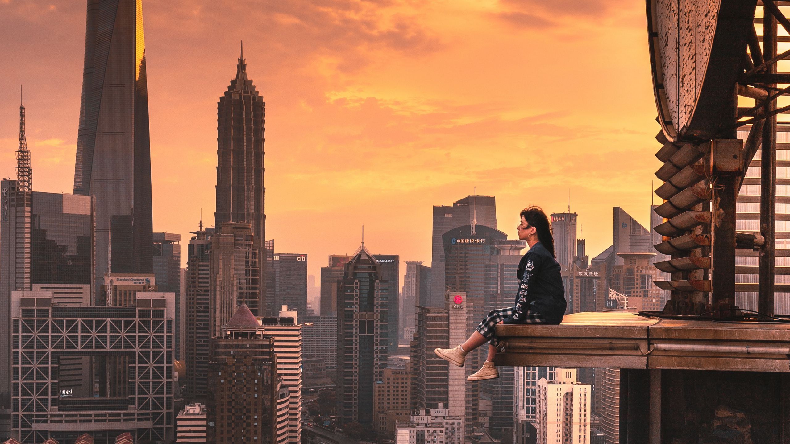 2560x1440 Download wallpaper 2560x1440 girl, roof, skyscrapers, metropolis, solitude, alone widescreen 16:9 HD background