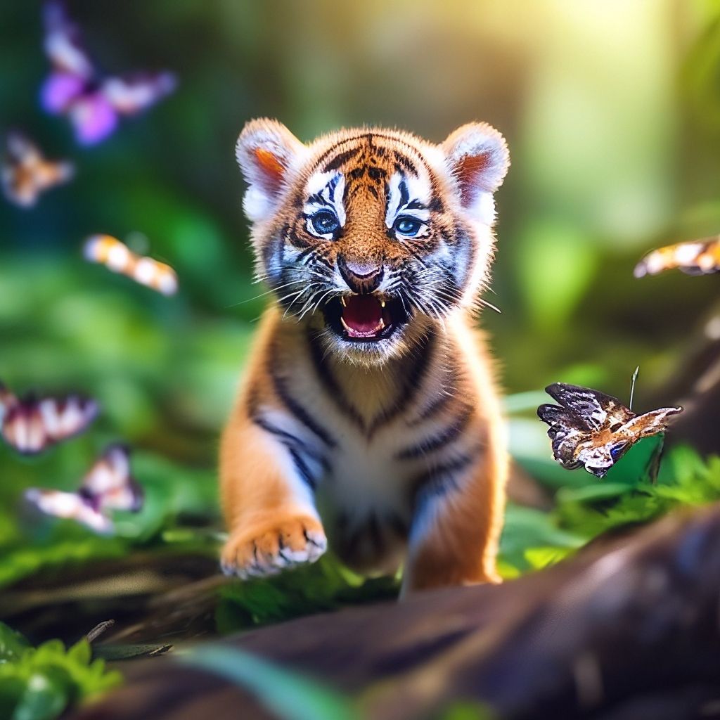 1024x1024 Little tiger cub cute beautiful happy playing getting ready to jump hunting