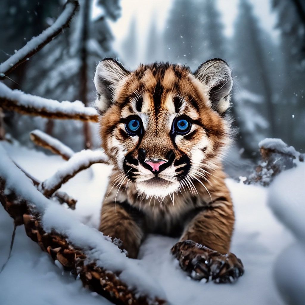 1024x1024 Baby Cougar In The Winter Forest Little Tiger Cub, Professional Photo, 15mm, F 2. 1 500s, Iso Bottom Up View, In