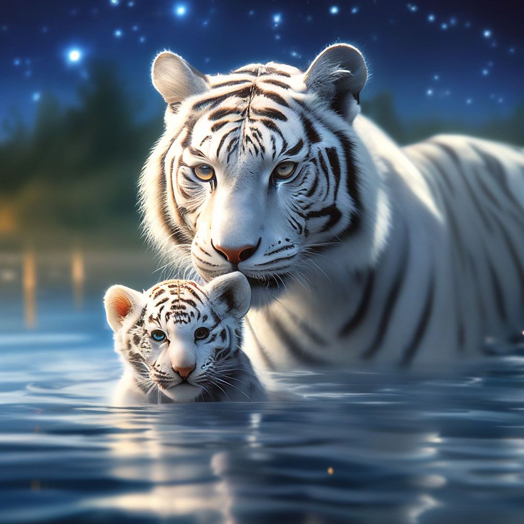 1024x1024 A white Tiger with a cute little tiger cub sitting on its neck, floating on