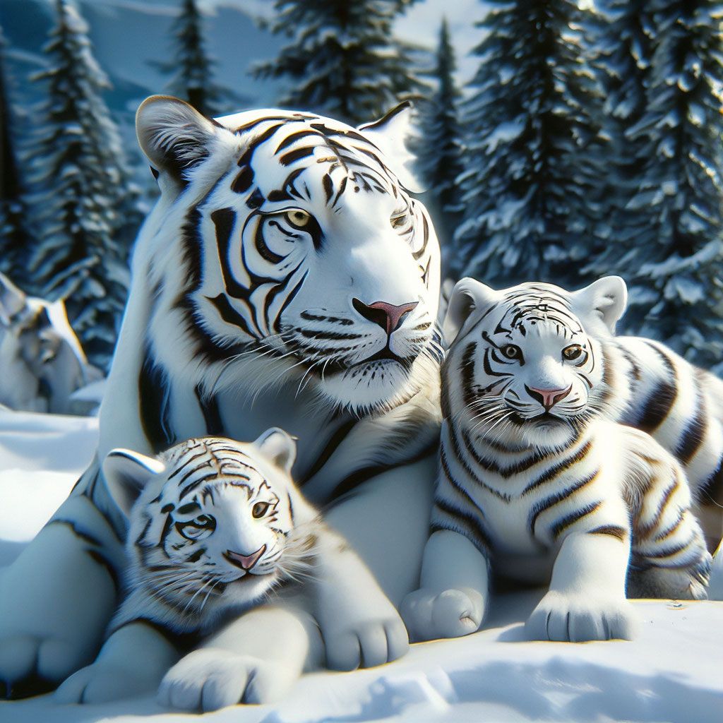 1024x1024 Alaska) (brutal white tiger with little cubs lie on the snow) (angle under 45)-wallpaper Warhammer (really real) (
